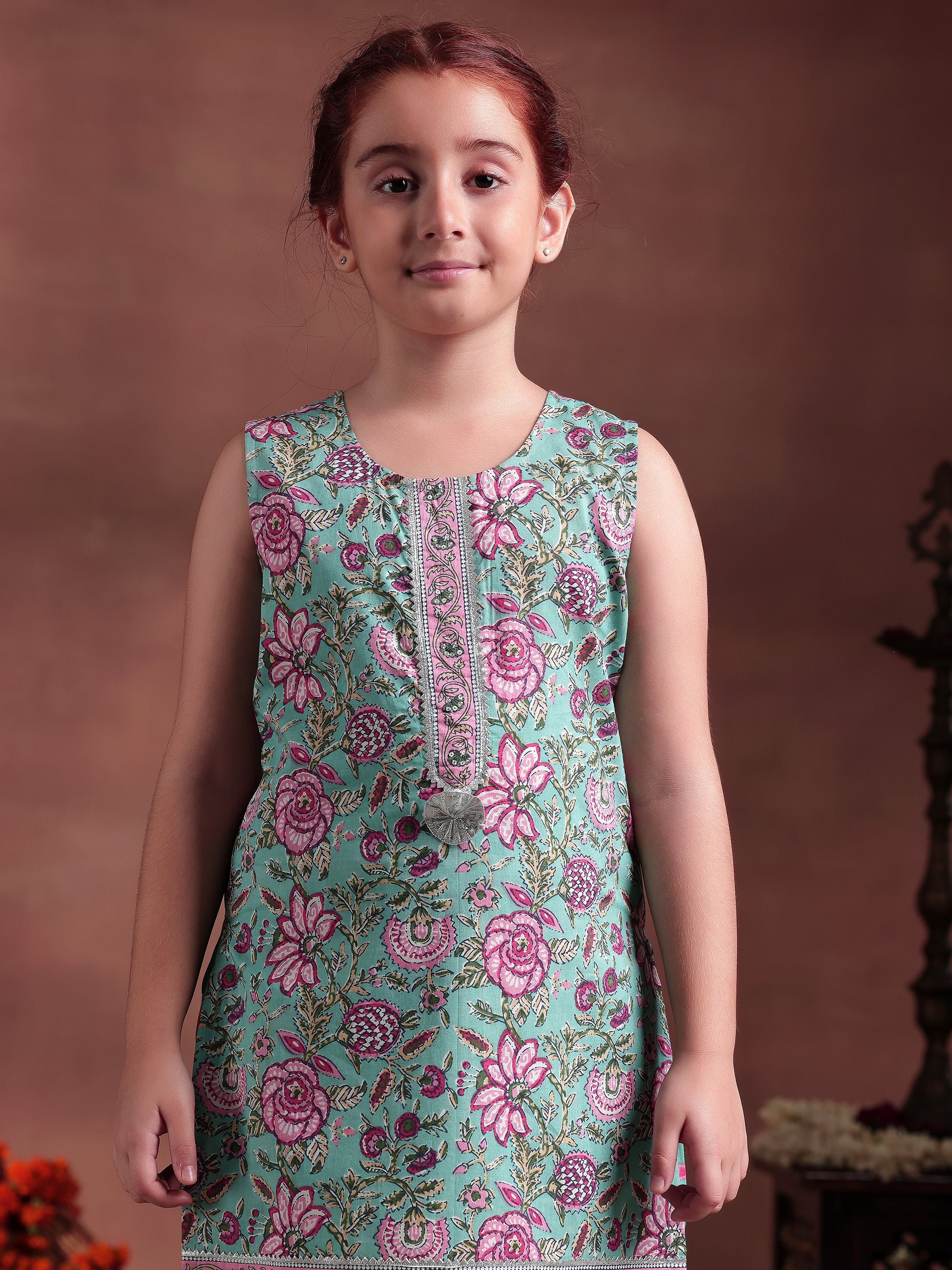 Kids Green Printed Cotton Straight Kurta With Dhoti Pants