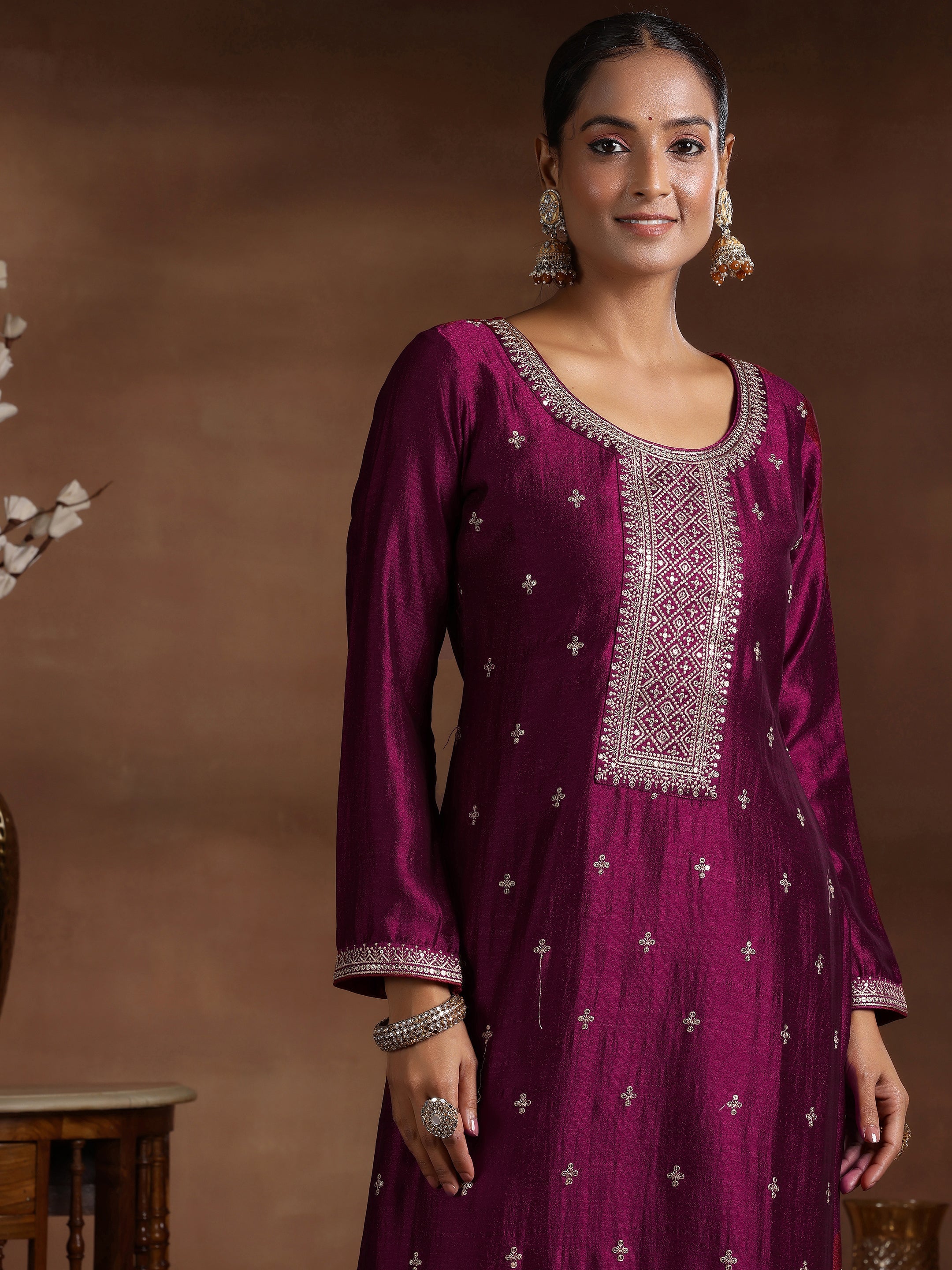 Wine Embroidered Silk Blend Straight Suit With Dupatta