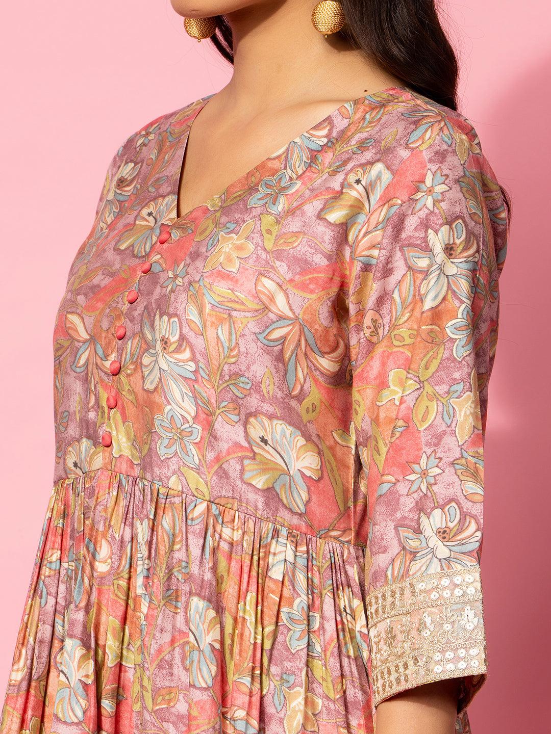 Peach Printed Silk Blend Co-Ords