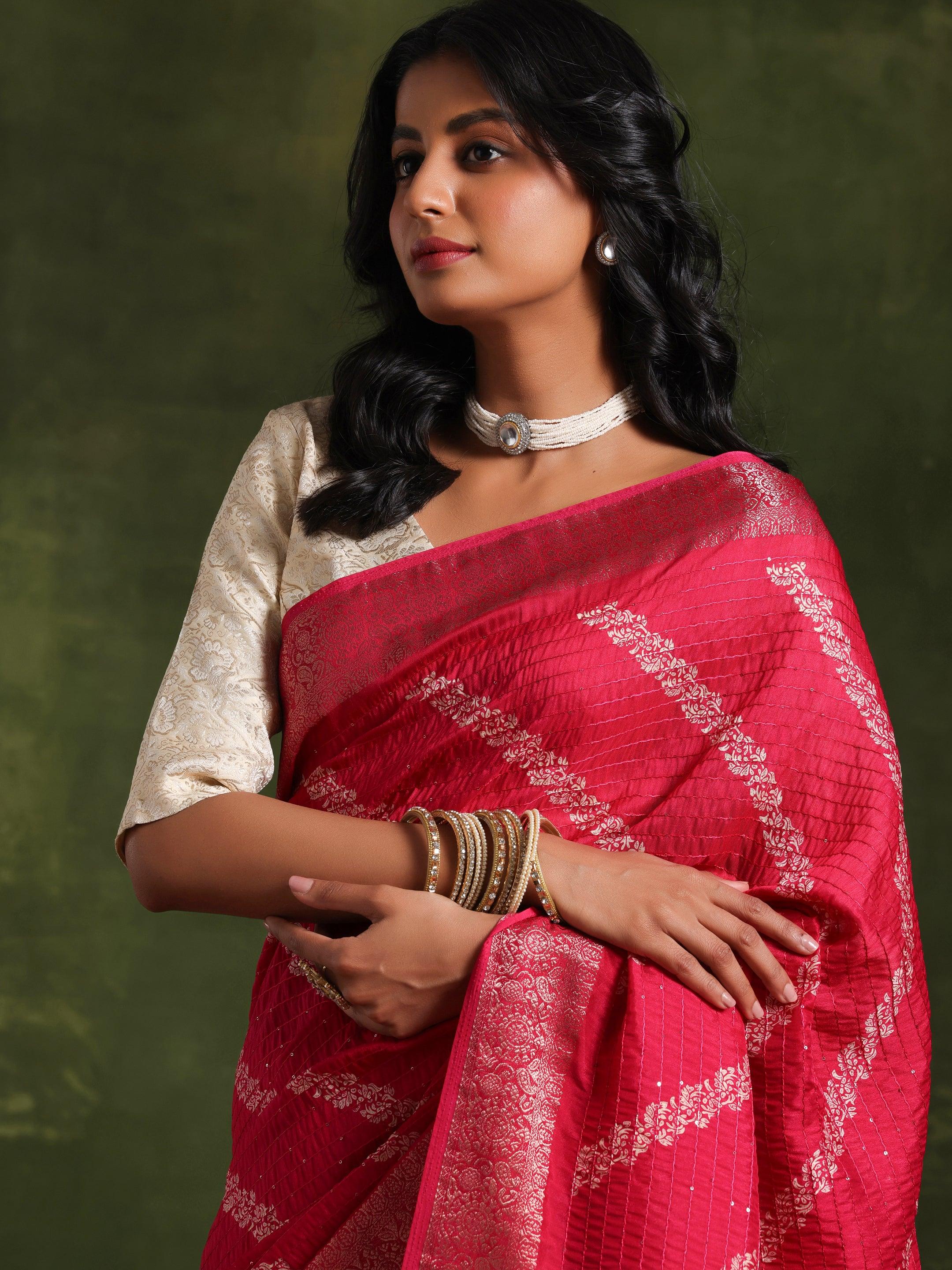 Pink Printed Silk Blend Saree With Unstitched Blouse Piece