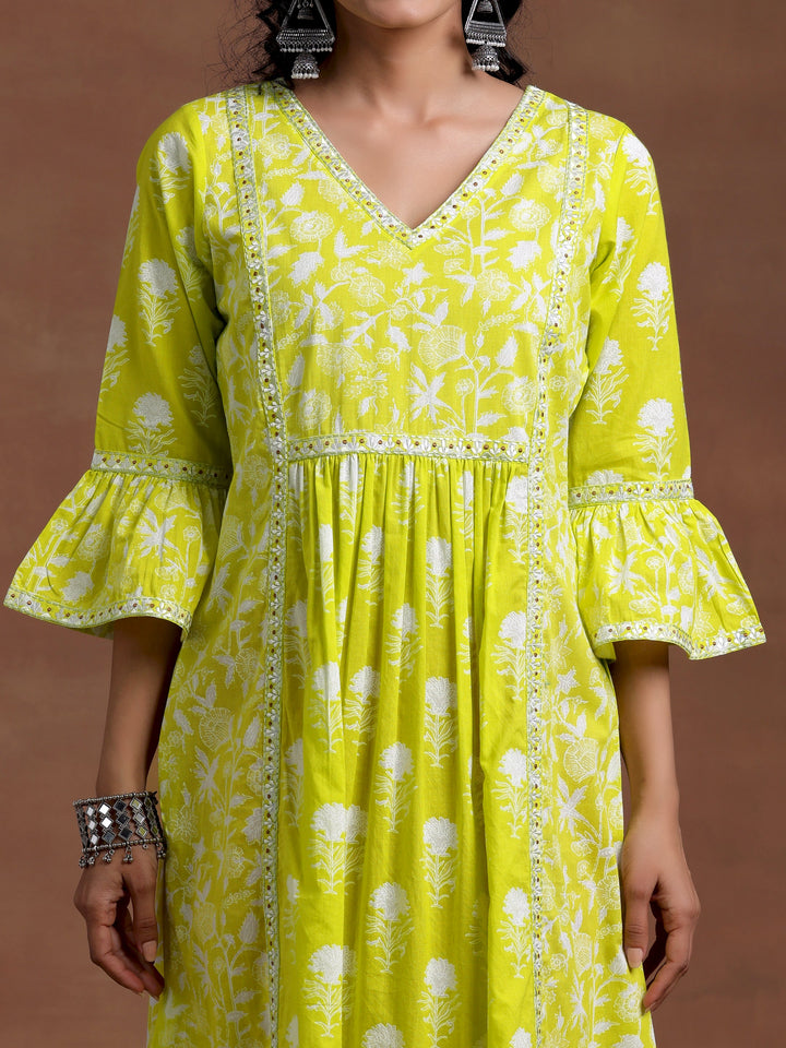 Neon Green Printed Cotton A-Line Dress