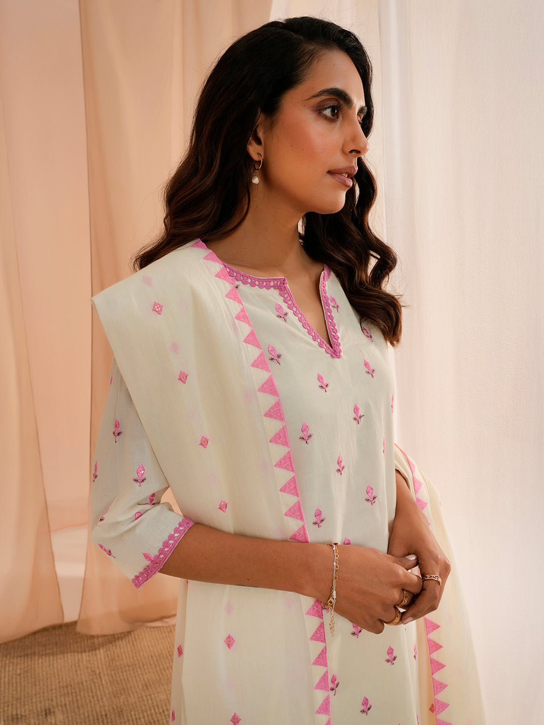 Off White Embroidered Cotton Straight Suit With Dupatta