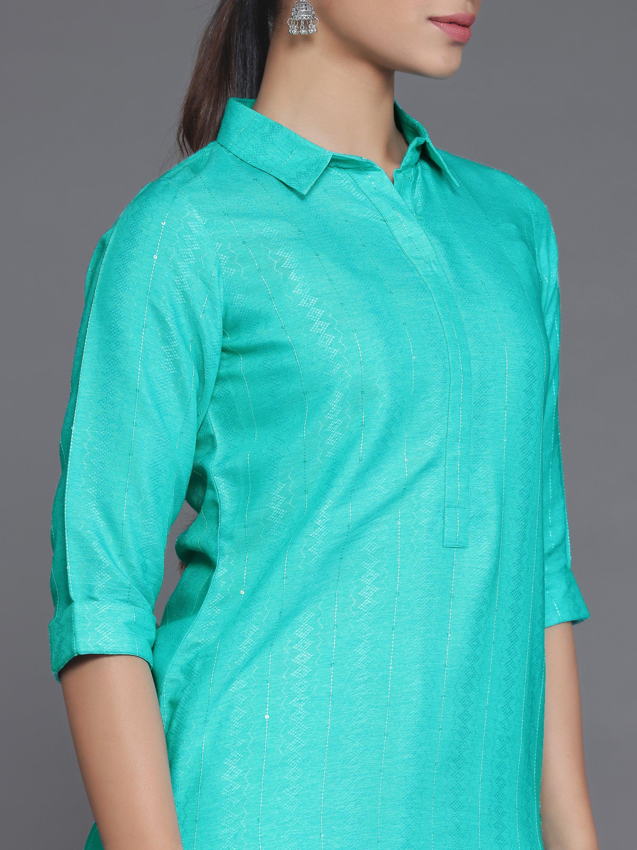 Blue Woven Design Cotton Straight Kurta