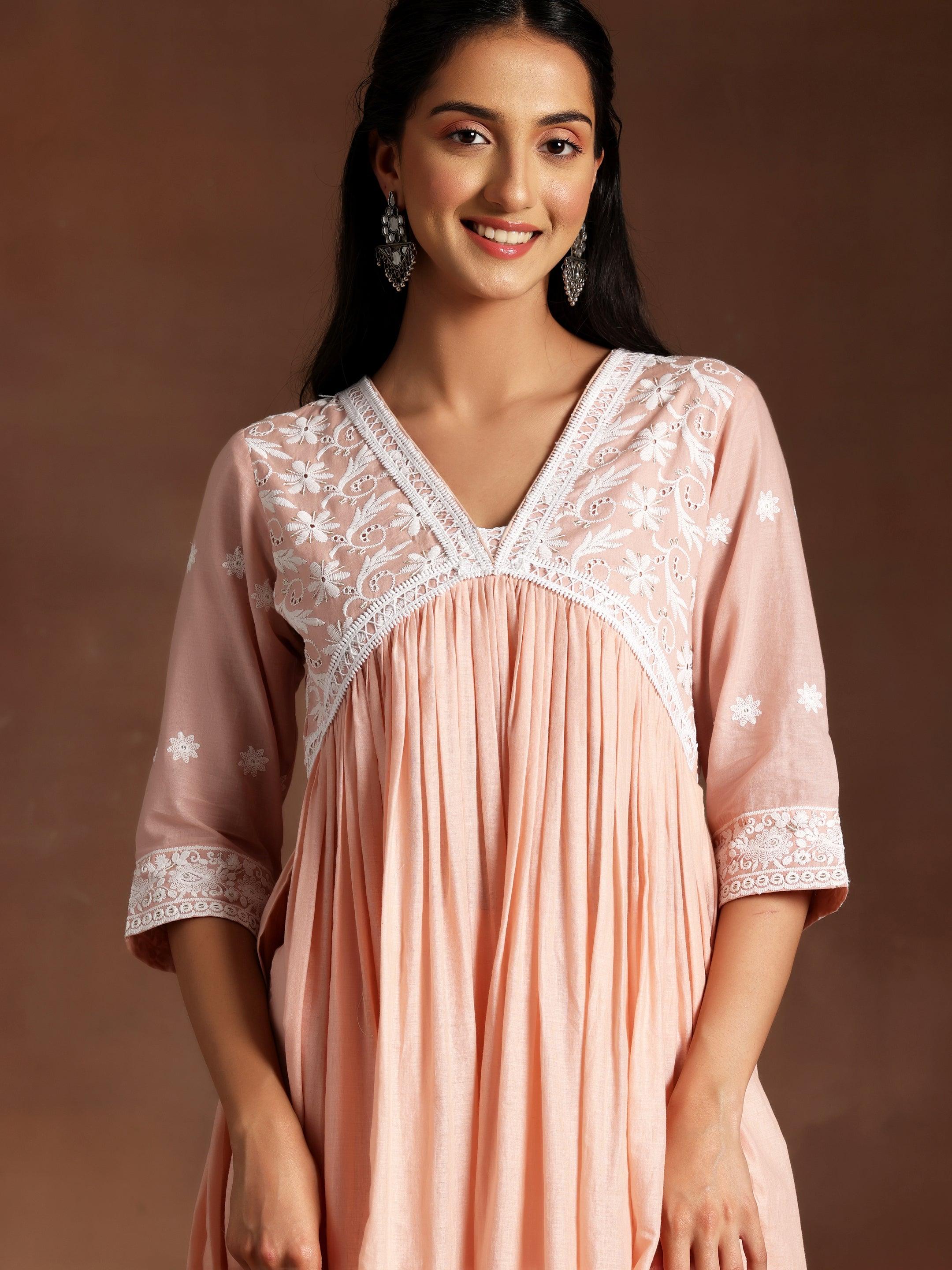 Peach Embroidered Cotton A-Line Kurta With Palazzos & Dupatta