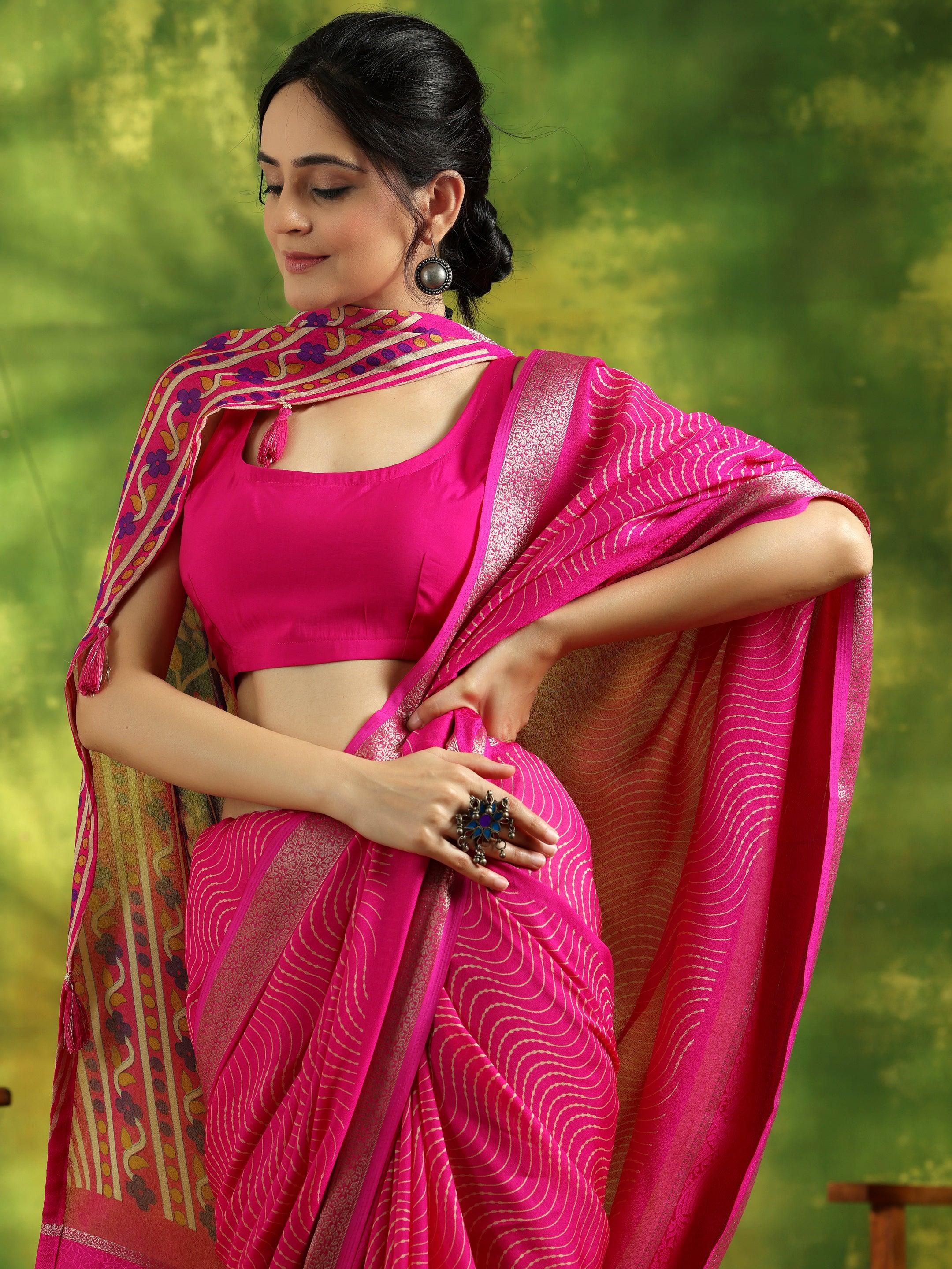 Pink Printed Silk Blend Saree With Unstitched Blouse Piece