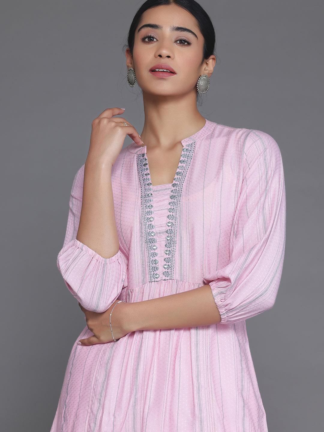 Pink Woven Design Cotton Blend Straight Kurti