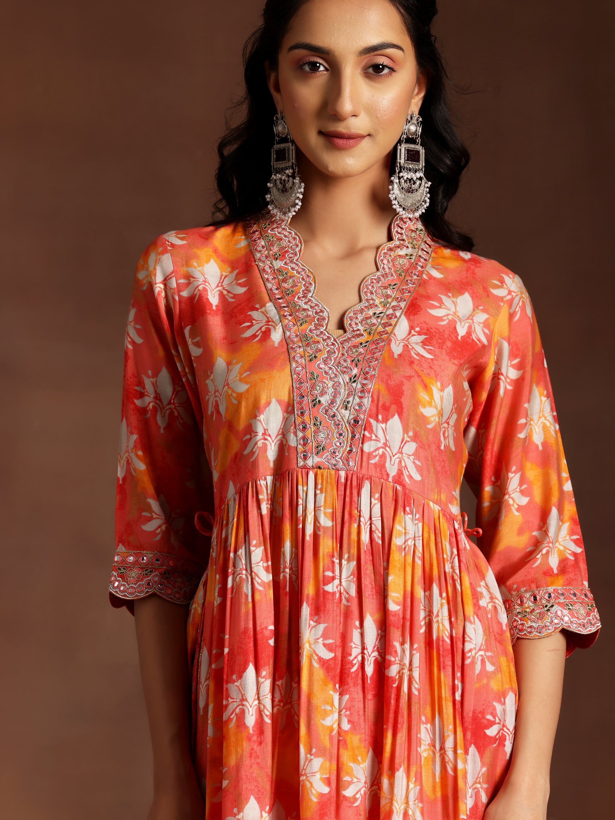 Saanjh Orange Printed Silk Blend A-Line Kurta With Palazzos & Dupatta