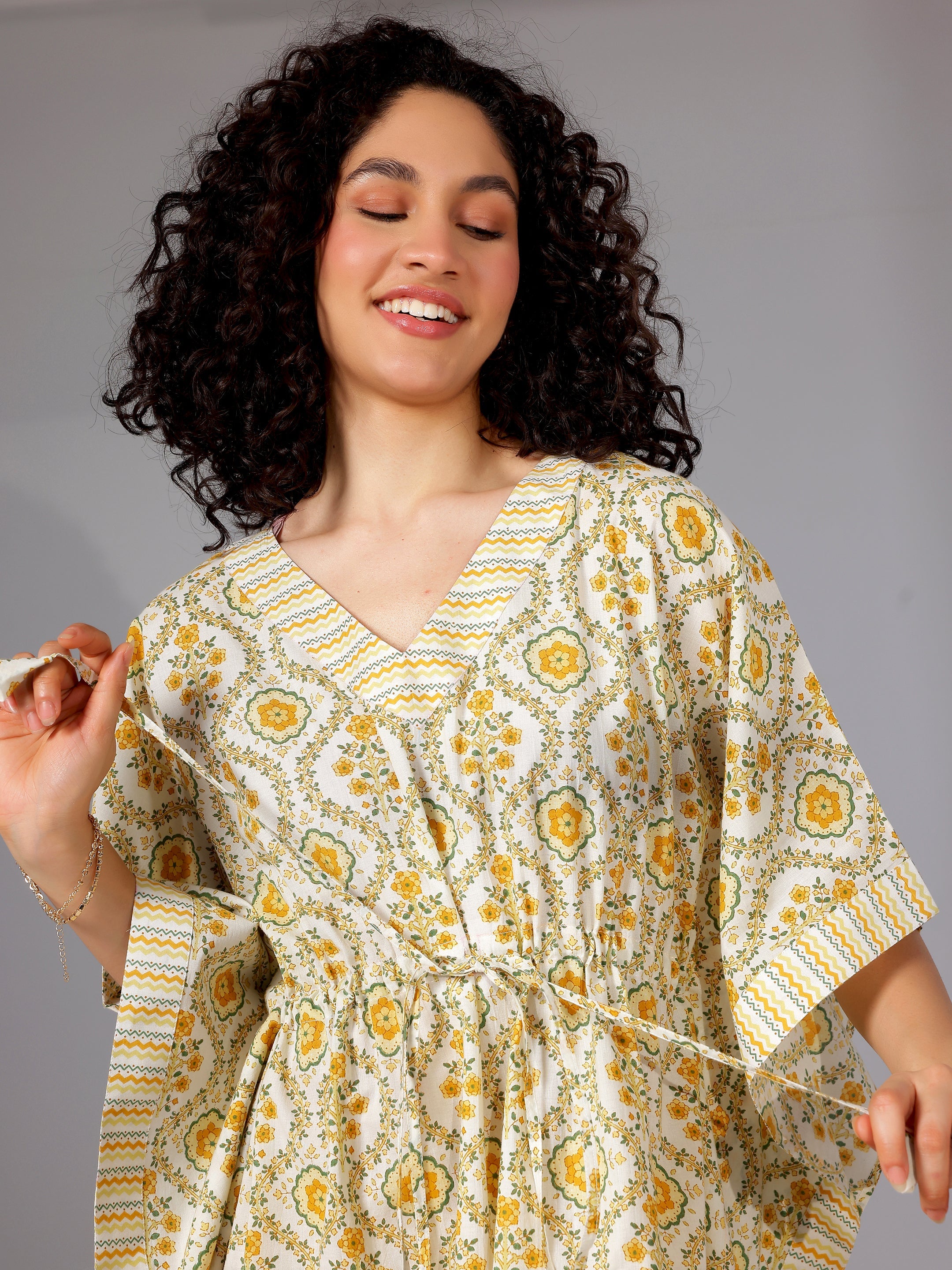 Yellow Printed Cotton Kaftan Night Dress