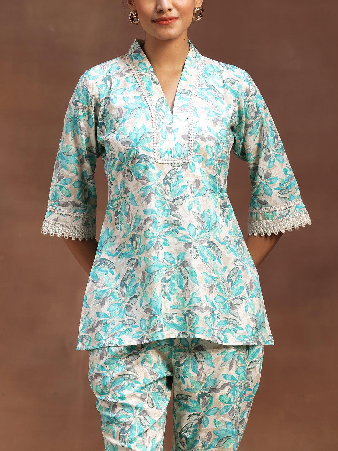 Turquoise Printed Cotton Blend Co-Ords