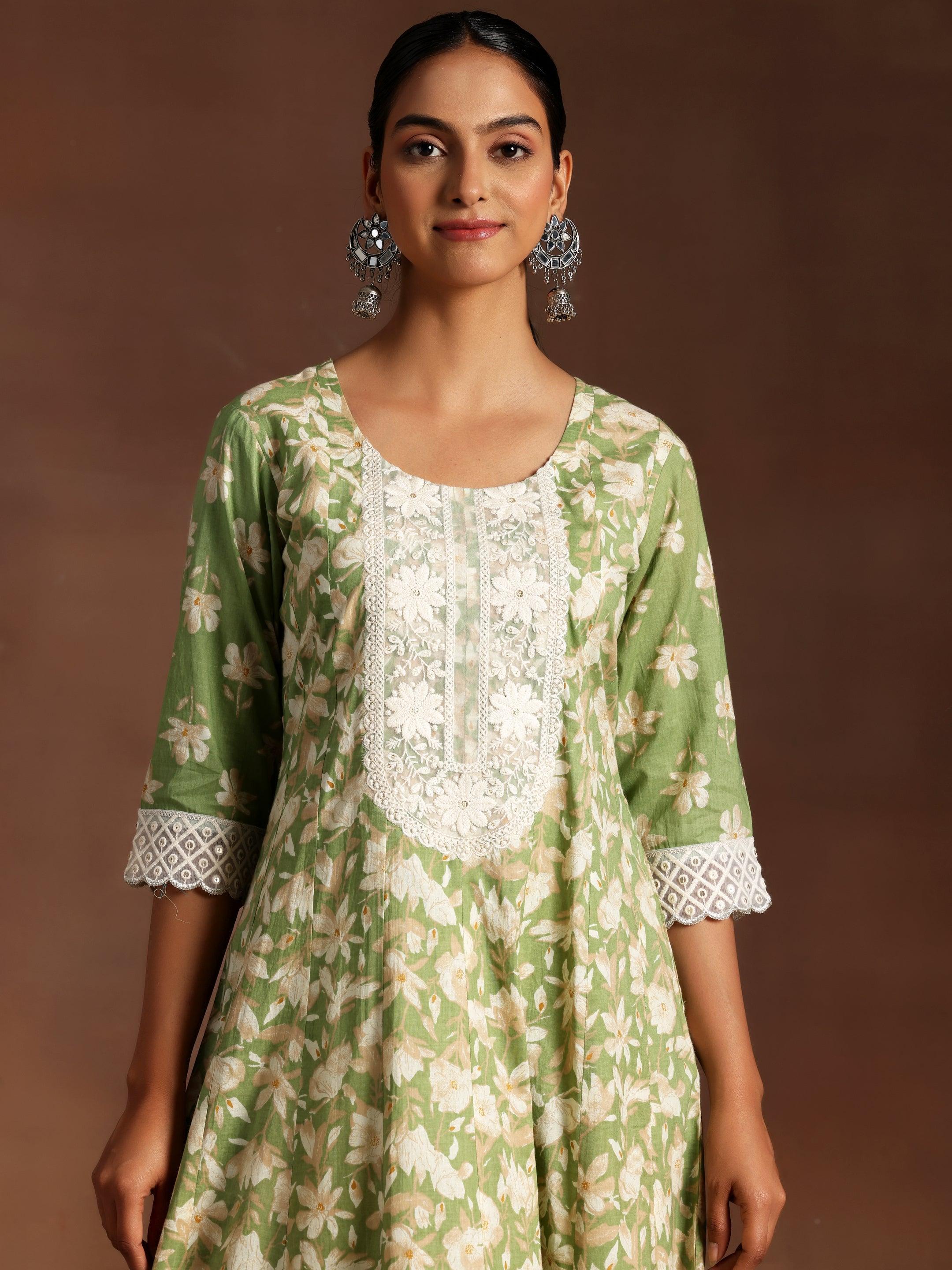 Green Printed Cotton A-Line Kurta With Trousers & Dupatta