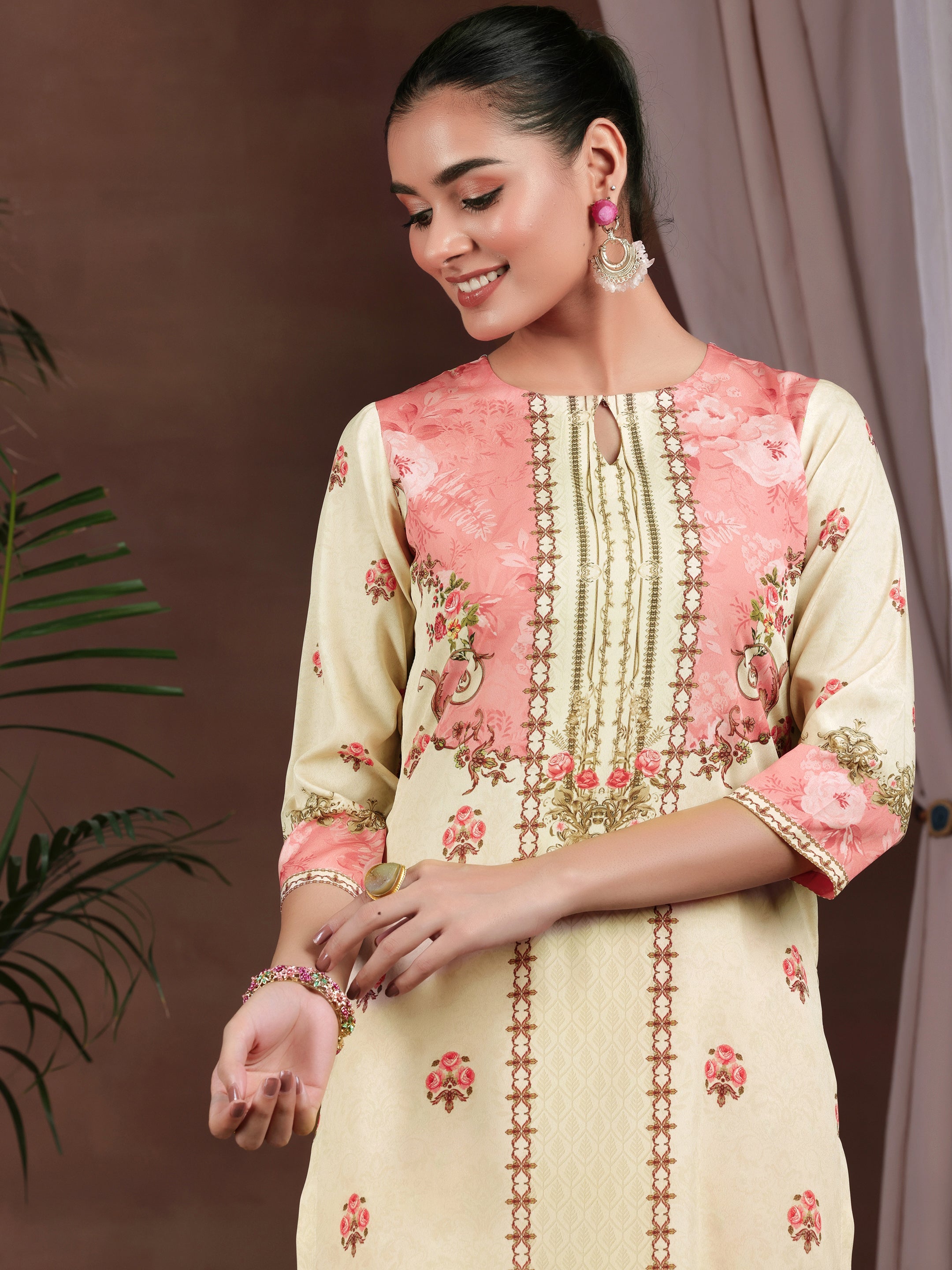 Beige Printed Poly Crepe Straight Suit With Dupatta