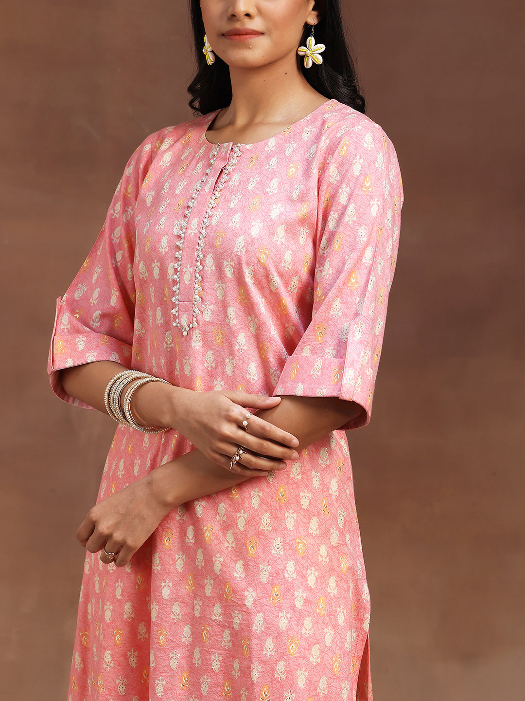 Peach Printed Cotton Blend Straight Kurta With Palazzos