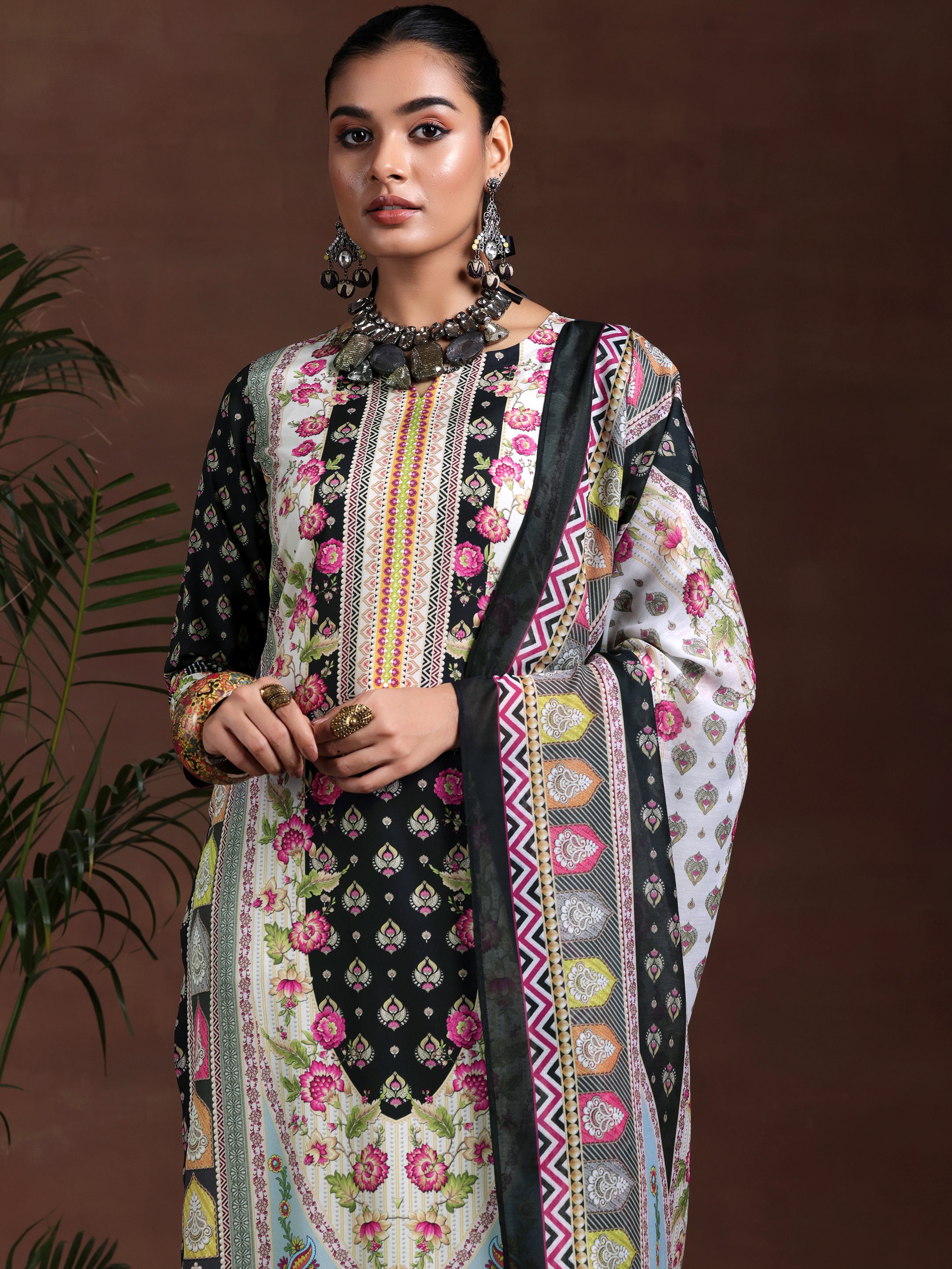 Black Printed Poly Crepe Straight Suit With Dupatta