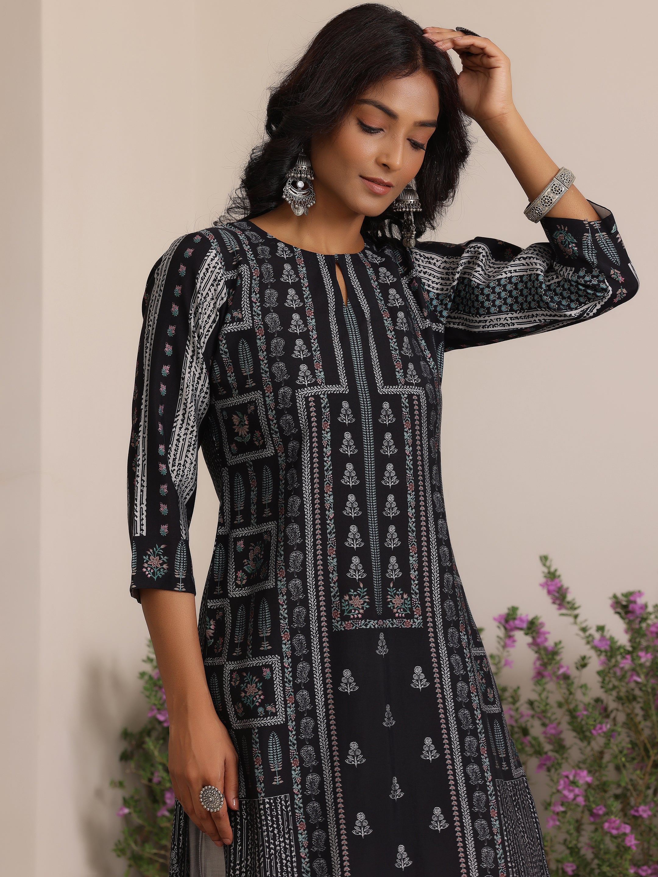 Black Printed Cotton Straight Suit With Dupatta