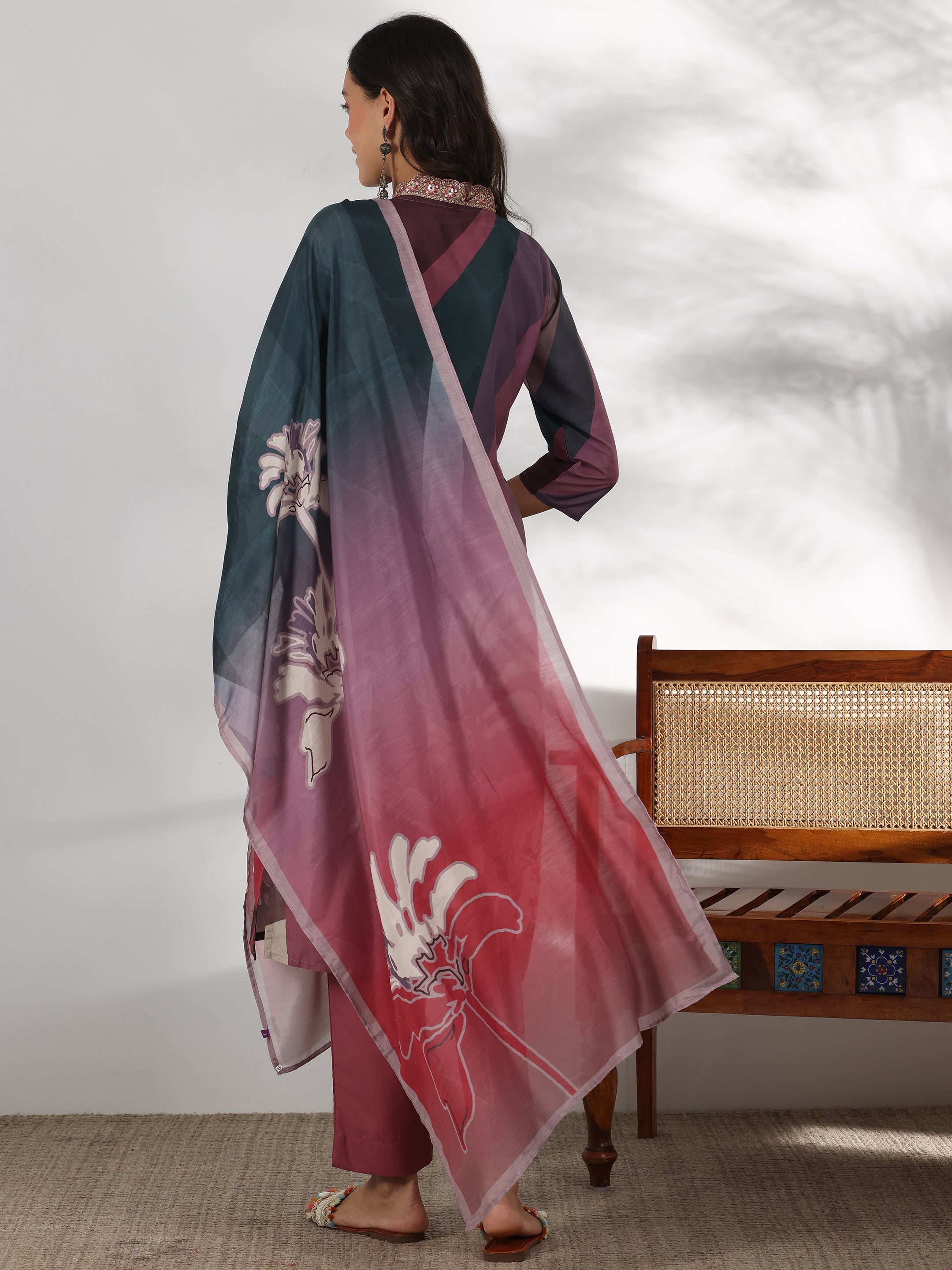 Mauve Printed Cotton Blend Straight Suit With Dupatta