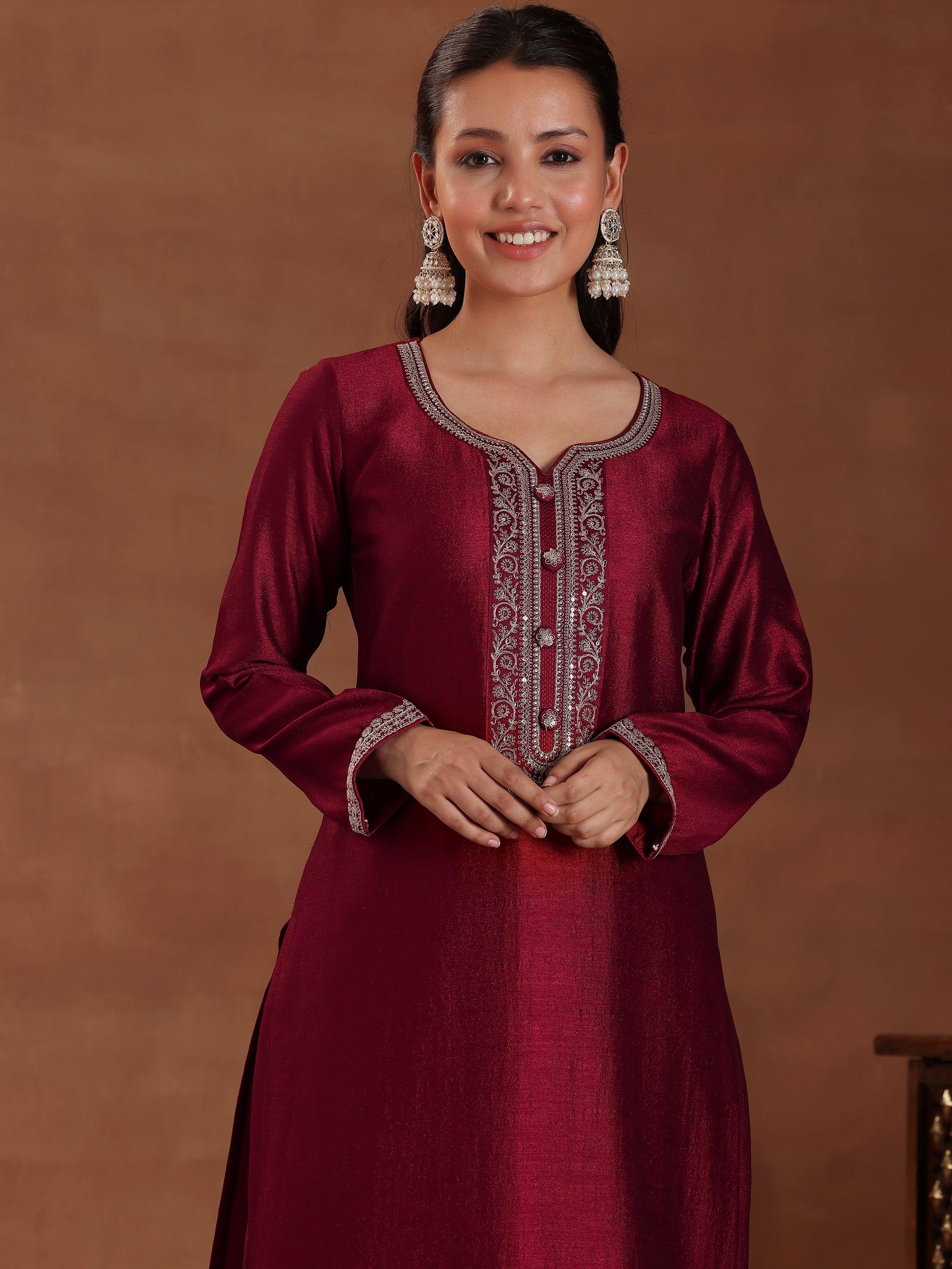 Maroon Embroidered Silk Blend Straight Suit With Dupatta