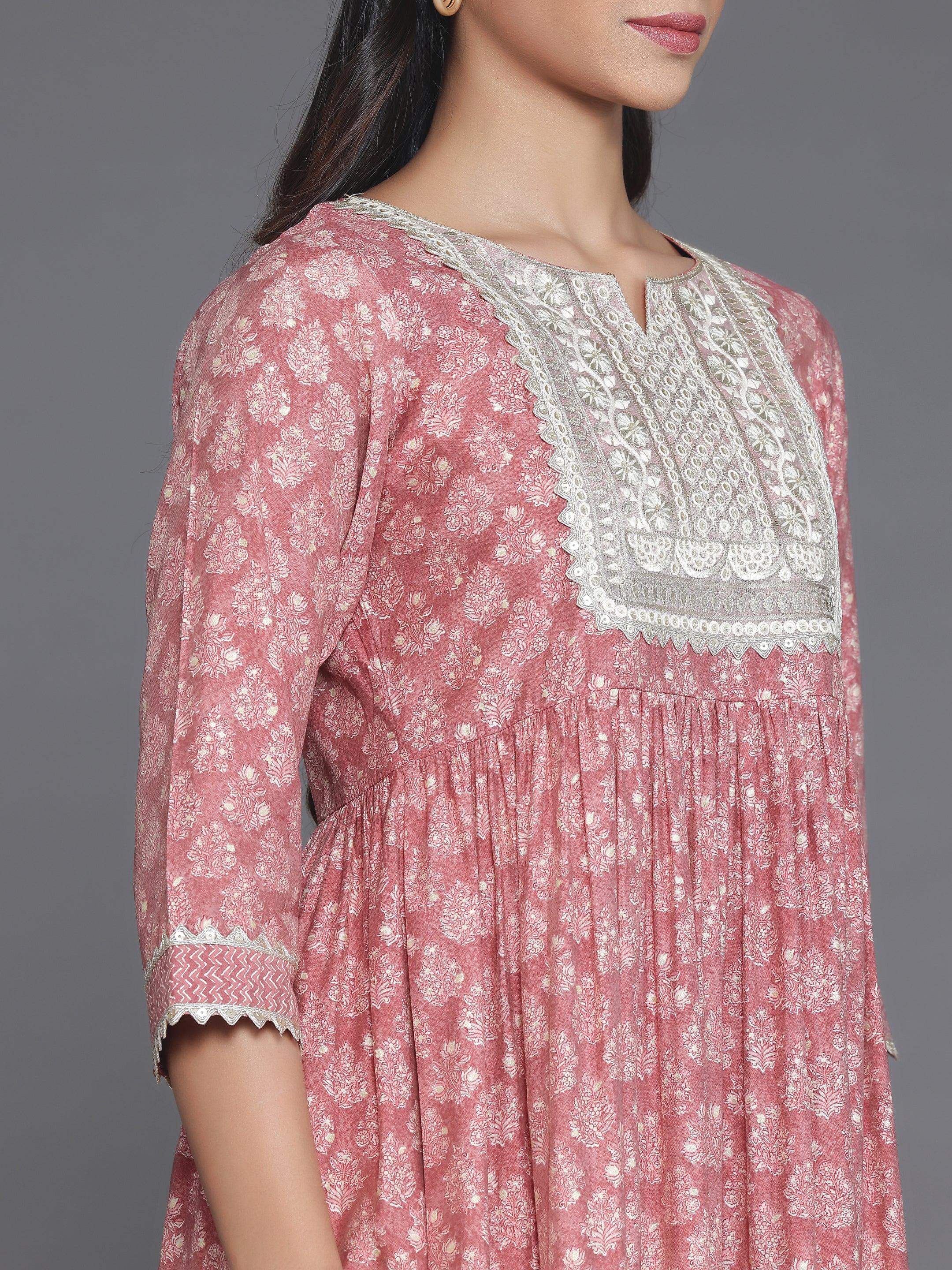 Mauve Printed Silk Blend A-Line Kurta With Palazzos