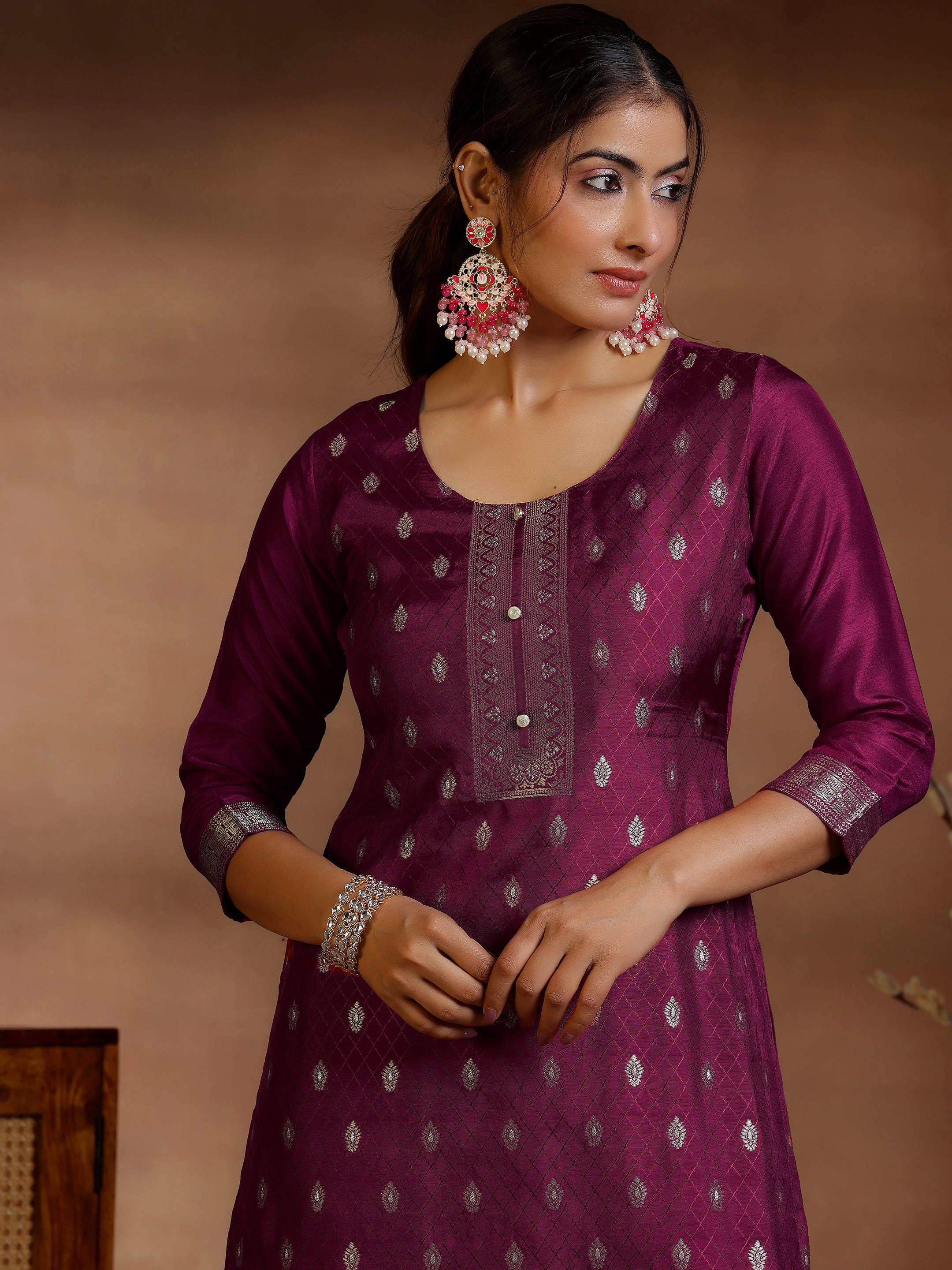 Burgundy Woven Design Silk Blend Straight Suit With Dupatta