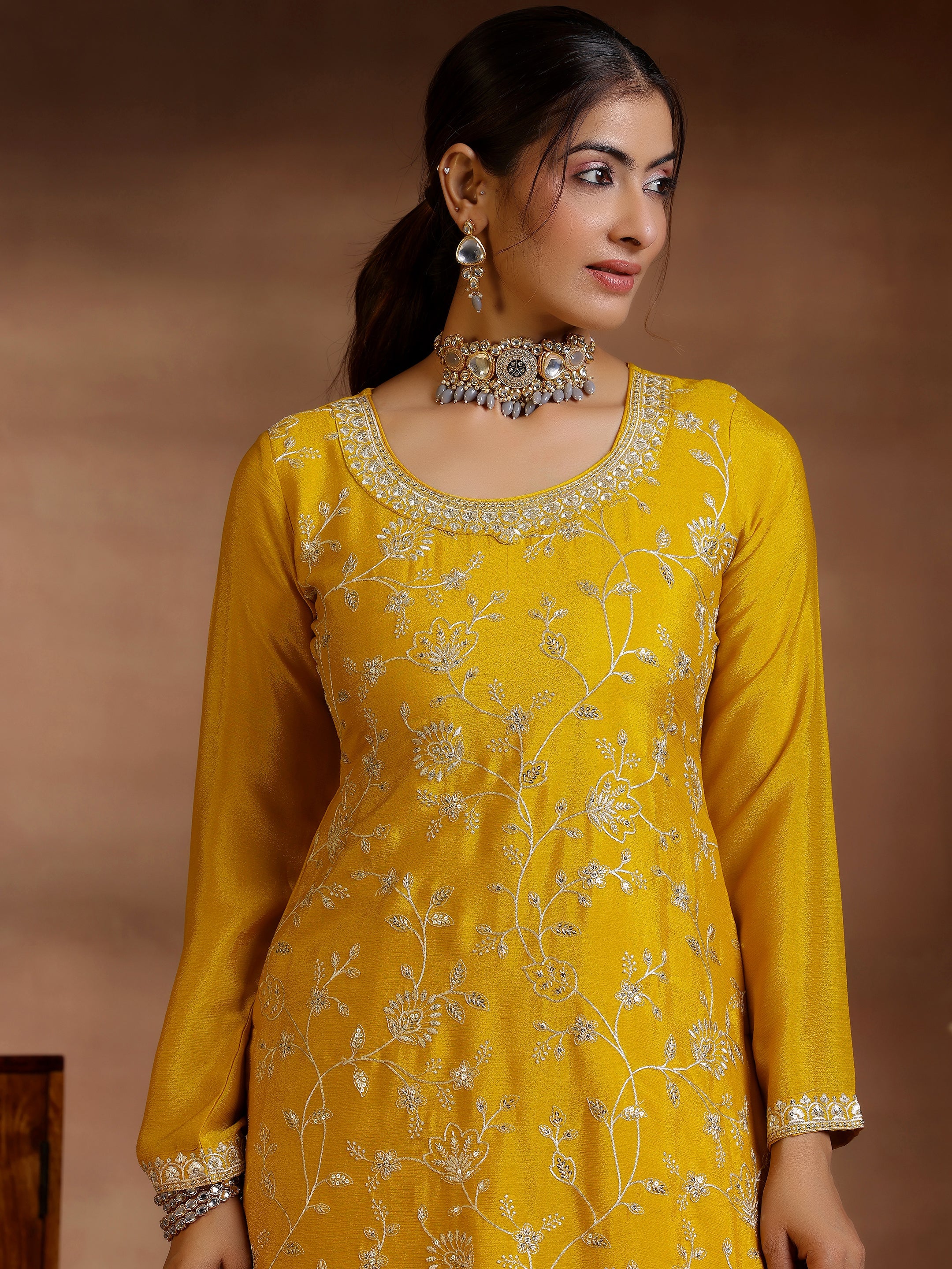 Mustard Embroidered Silk Blend Straight Suit With Dupatta