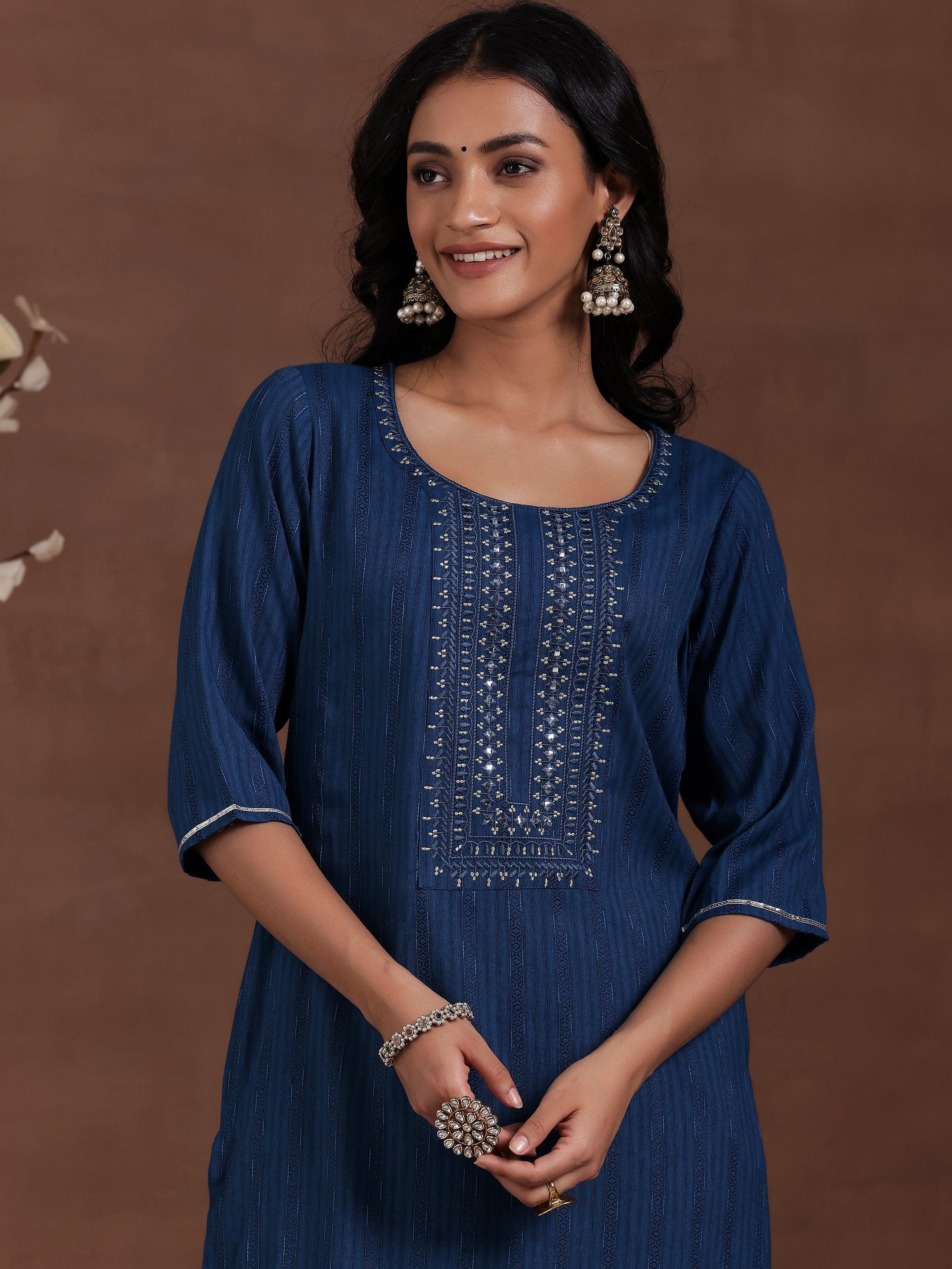 Blue Yoke Design Rayon Straight Kurta