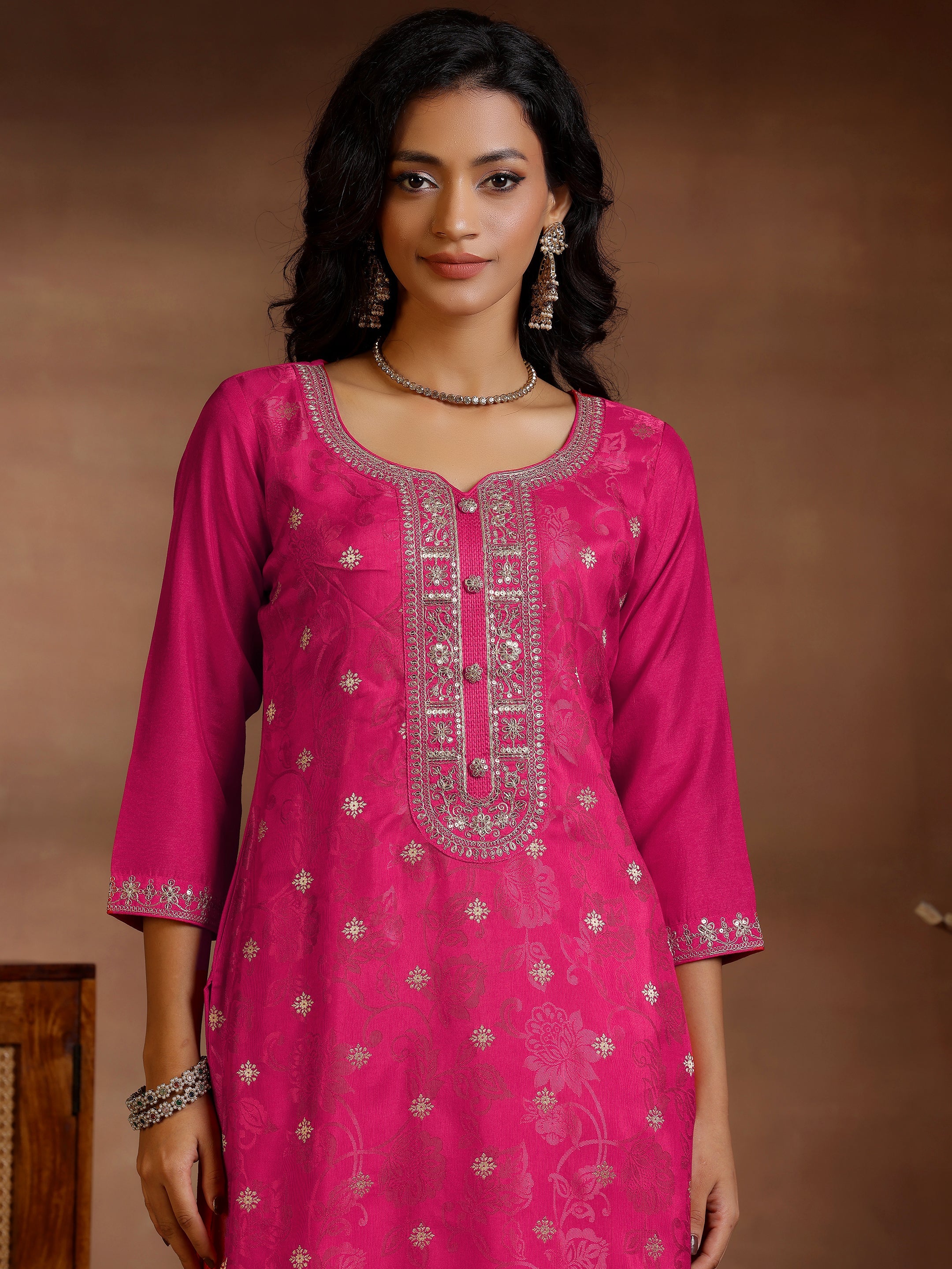 Pink Woven Design Silk Blend Straight Suit With Dupatta