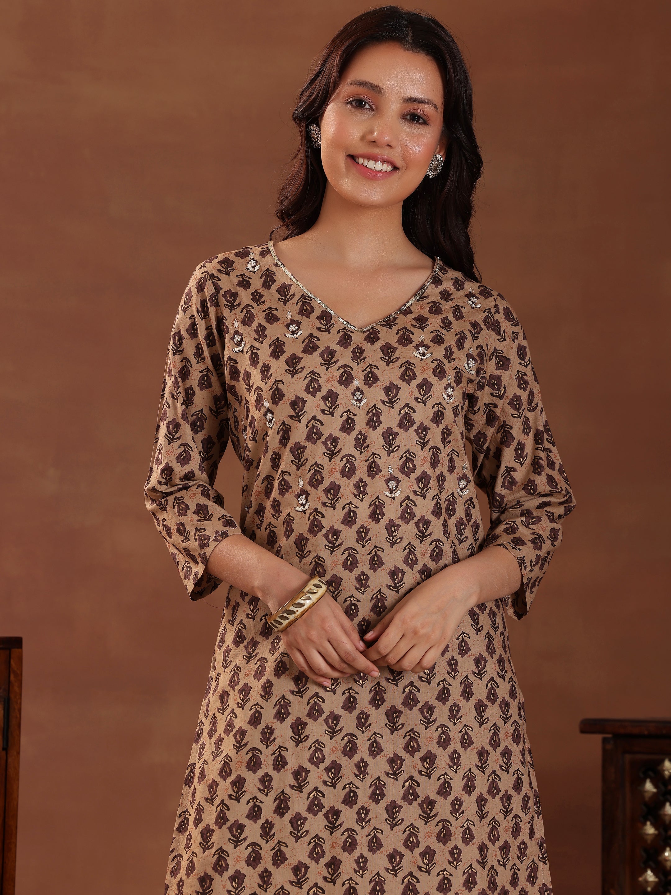 Brown Printed Cotton Straight Suit With Dupatta