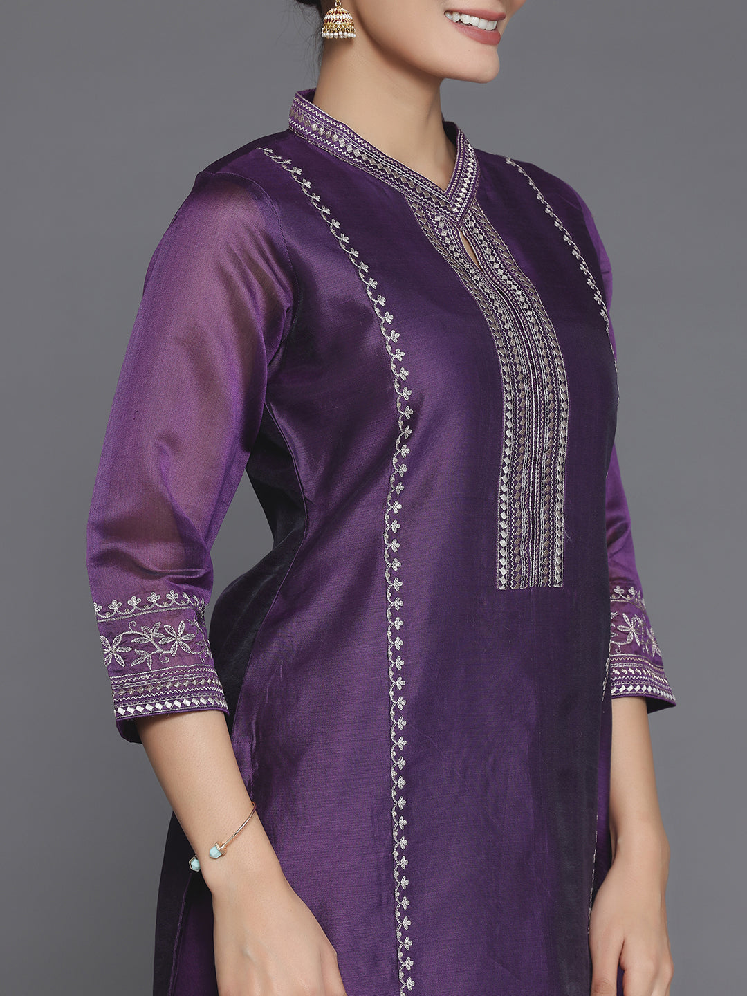 Wine Embroidered Chanderi Silk Straight Suit With Dupatta