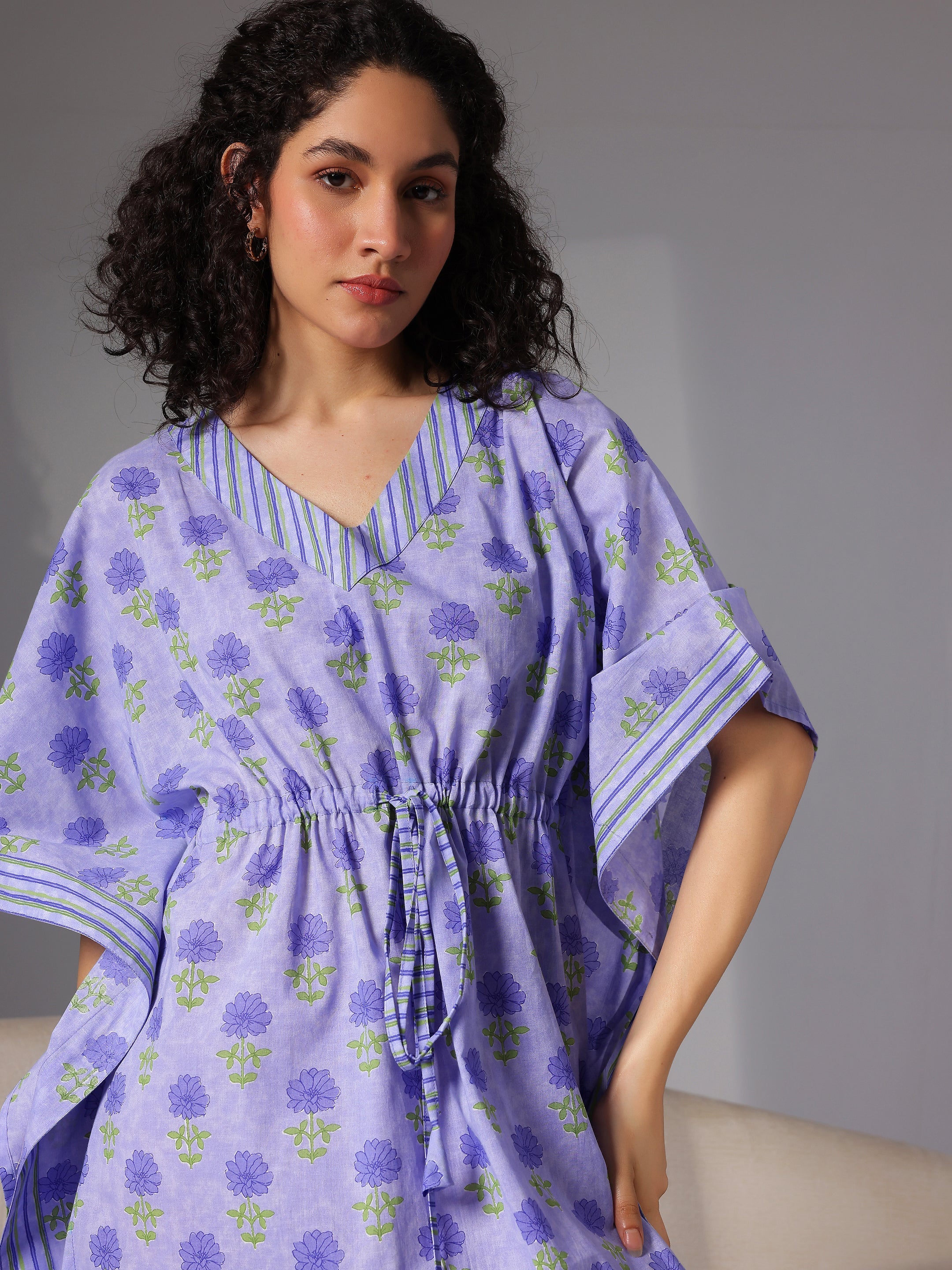 Purple Printed Cotton Kaftan Night Dress