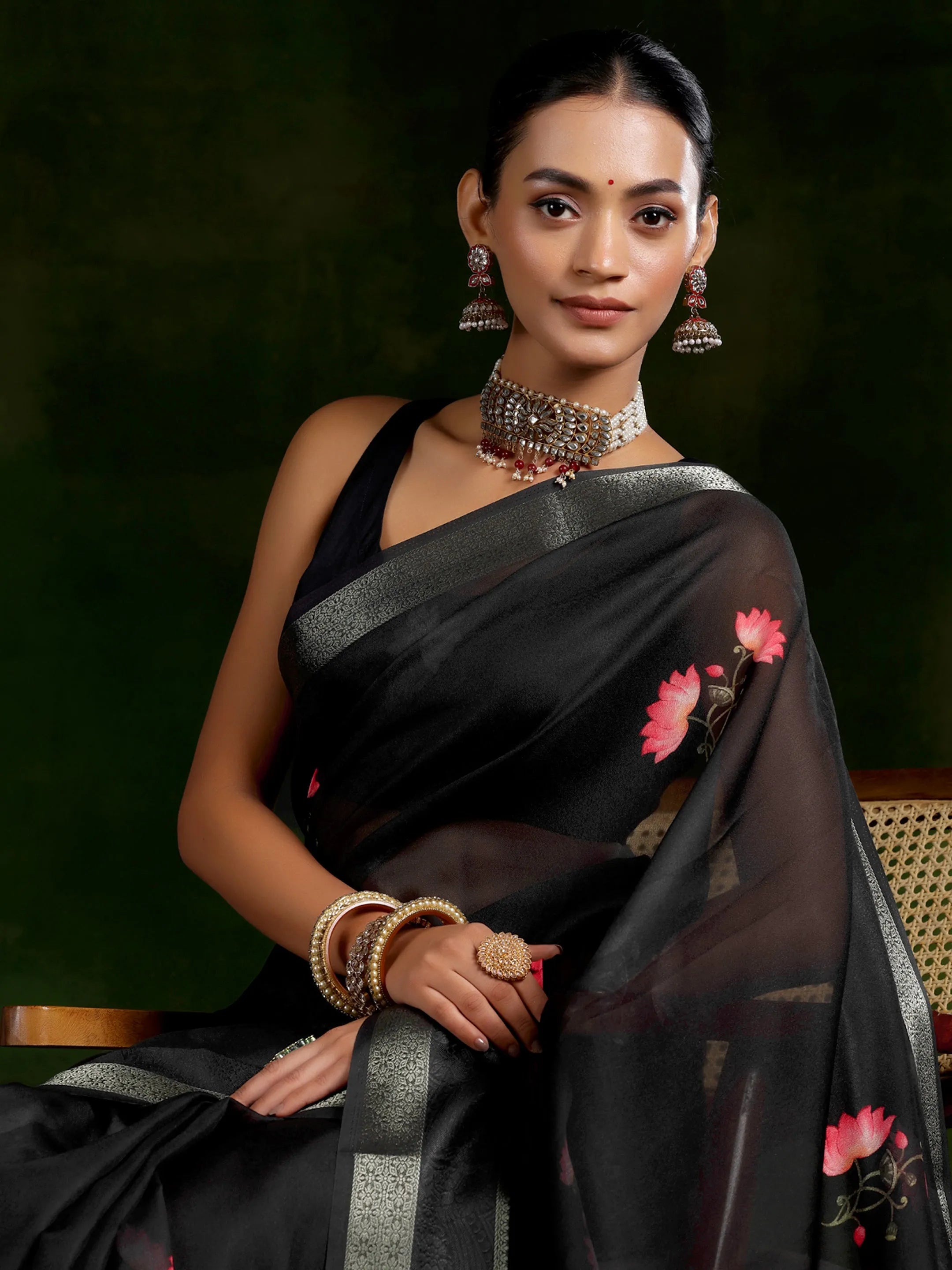 Black Printed Silk Blend Saree With Unstitched Blouse Piece