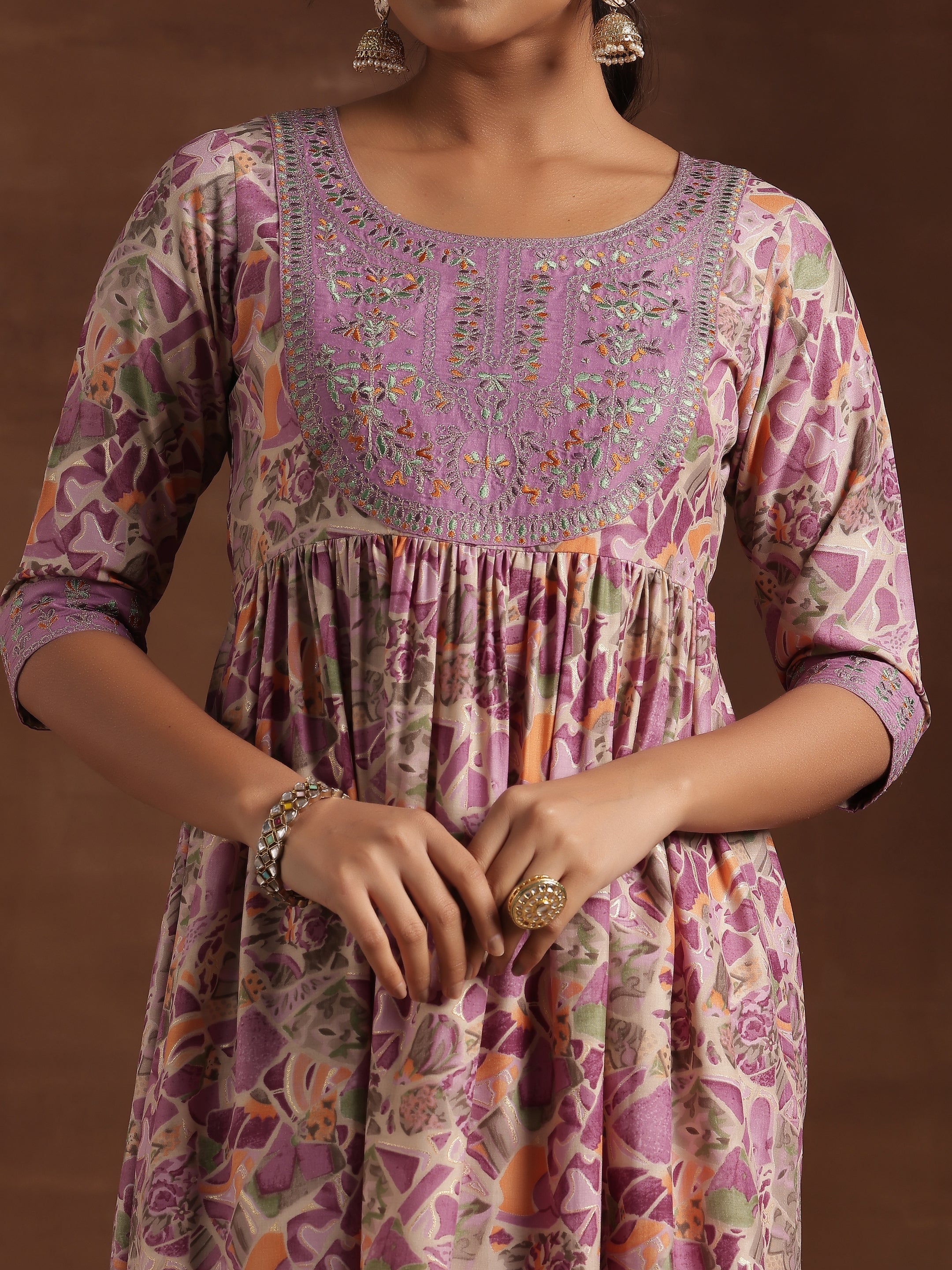 Purple Printed Silk Blend A-Line Kurta With Trousers & Dupatta