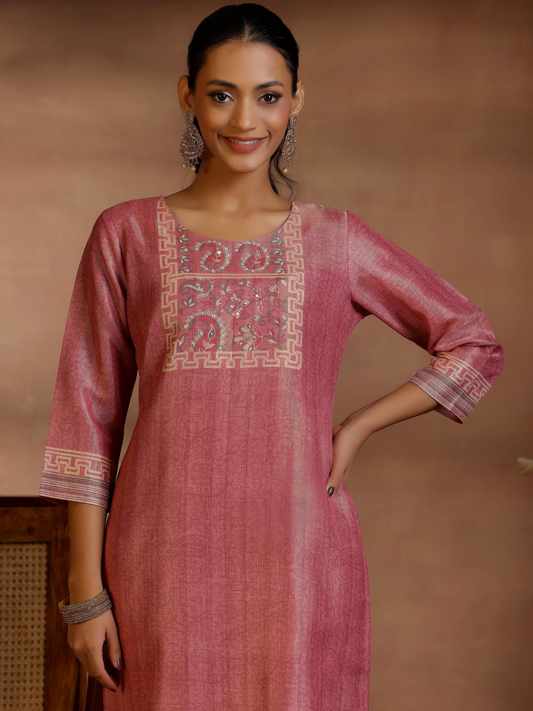 Pink Printed Silk Straight Suit With Dupatta