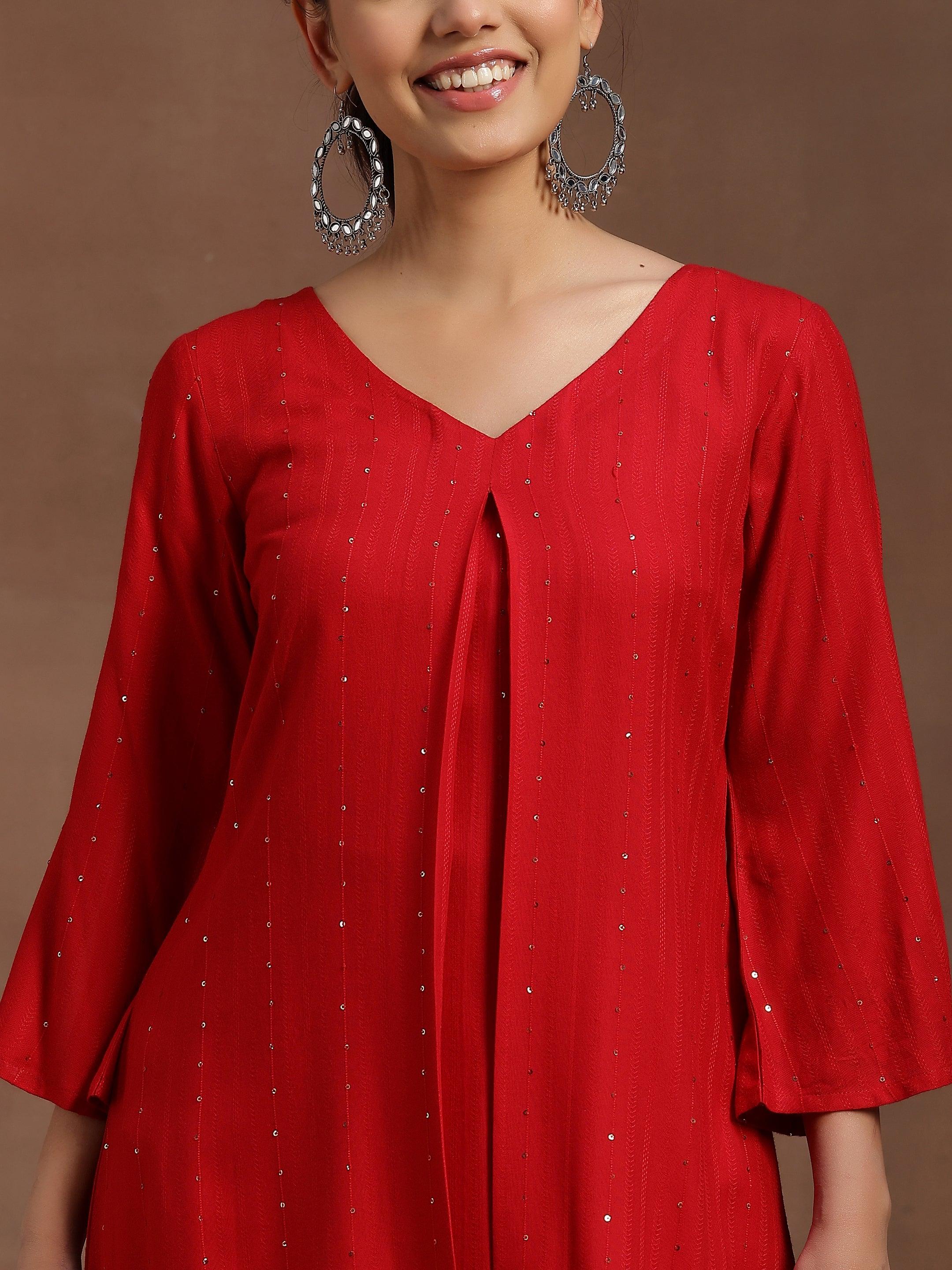 Red Solid Cotton Blend A-line Kurti