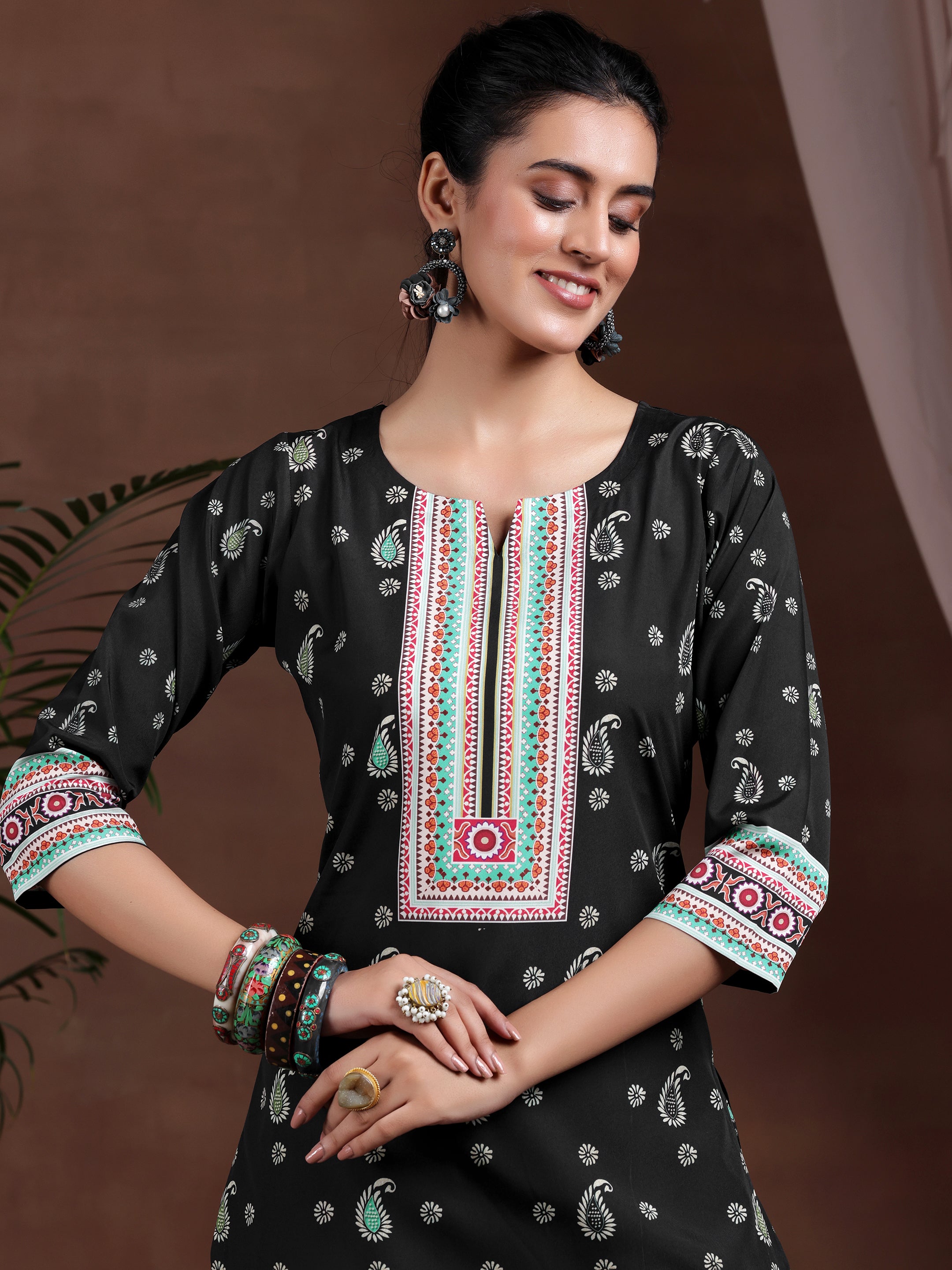 Black Printed Poly Crepe Straight Suit With Dupatta