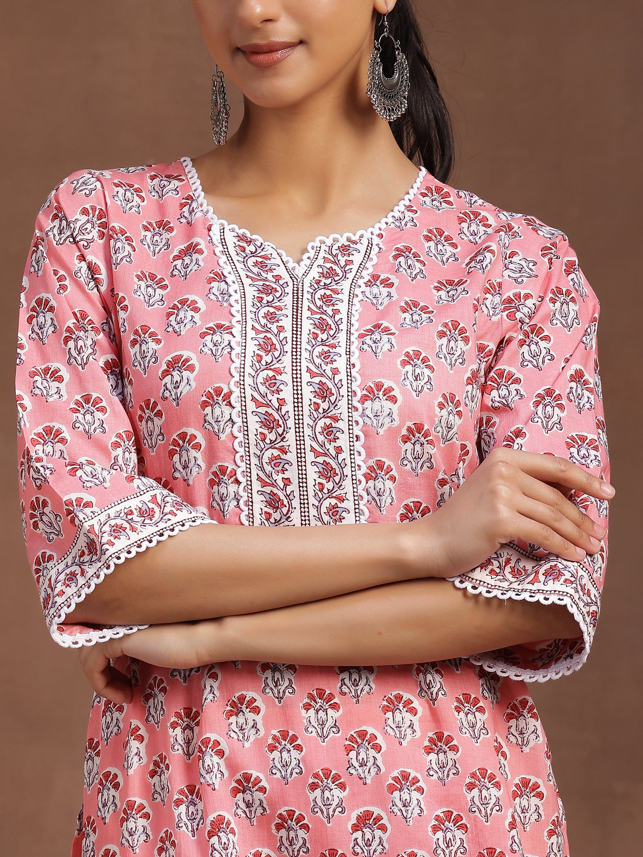 Peach Printed Cotton Straight Kurta With Palazzos