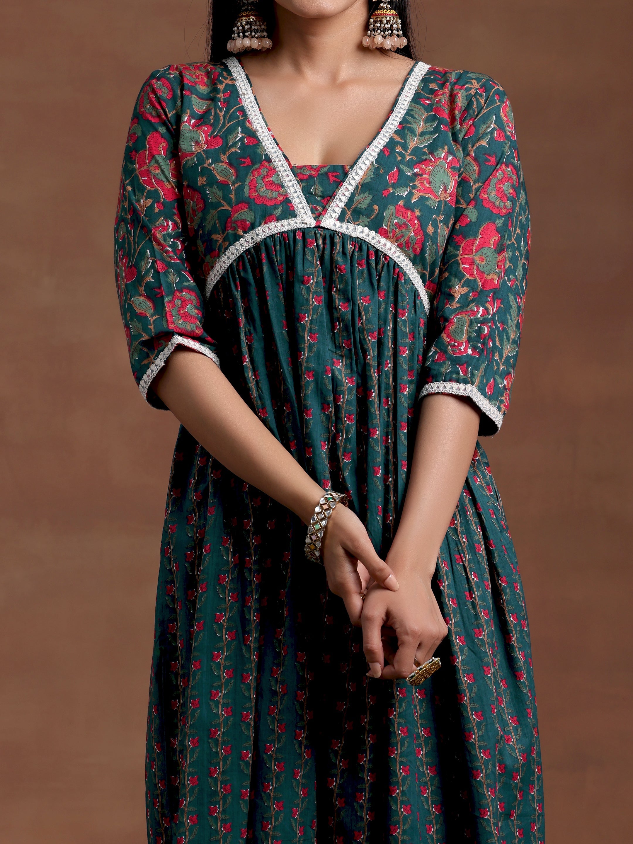 Blue Printed Cotton A-Line Kurta With Palazzos