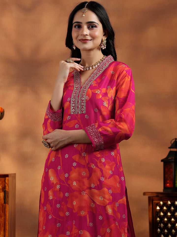 Pink Printed Silk Blend Straight Suit With Dupatta