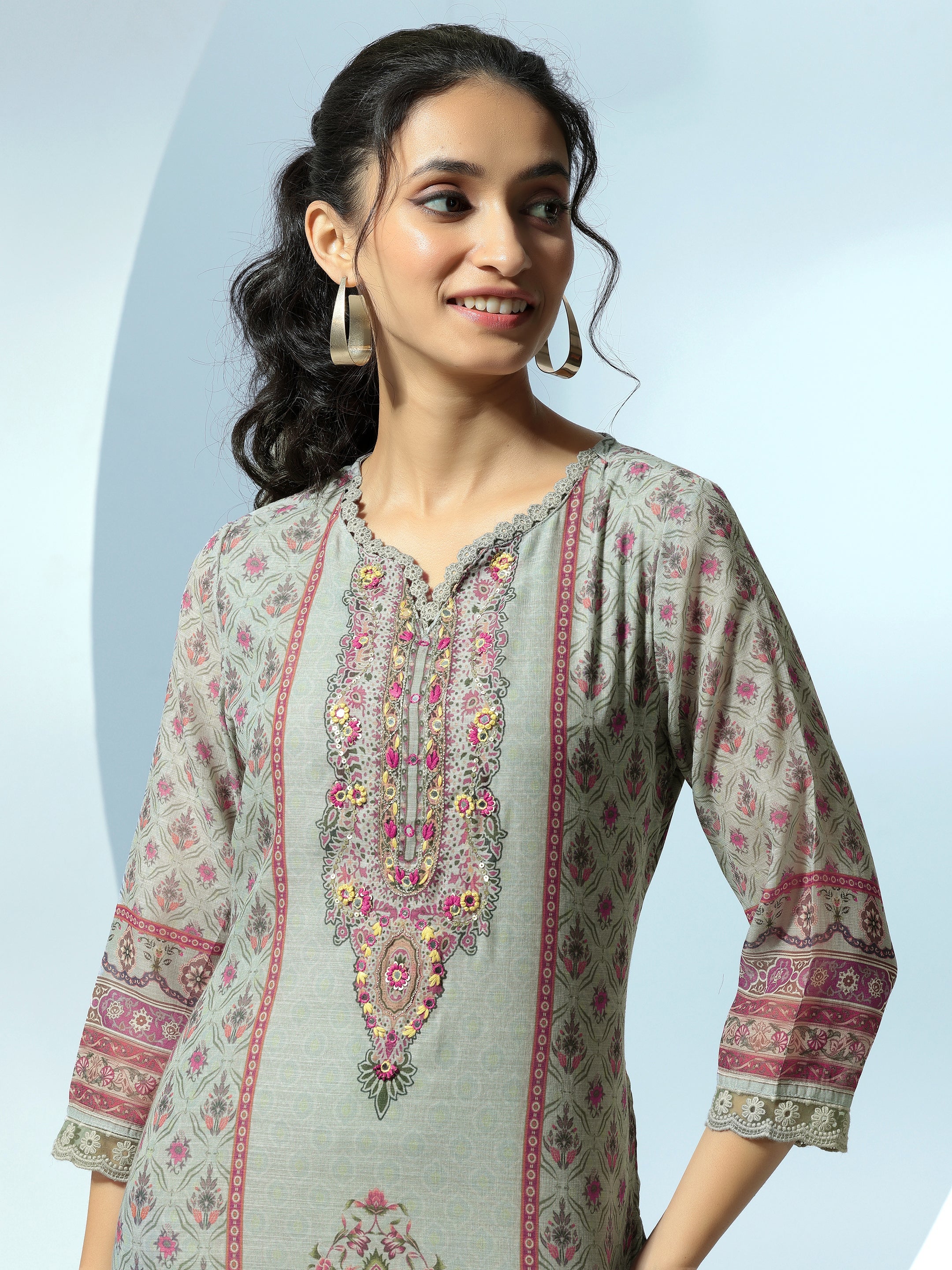 Grey Printed Linen Straight Suit With Dupatta