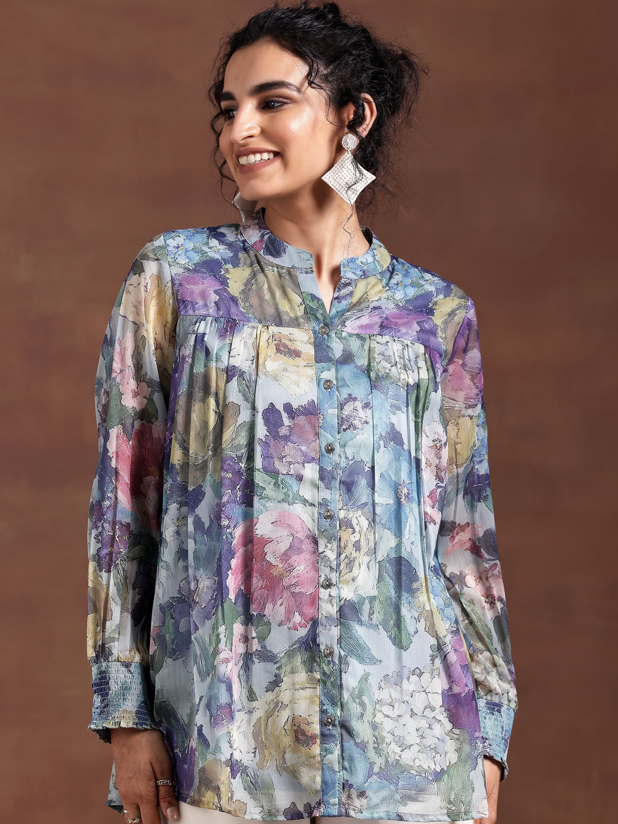 Blue Printed Chiffon A-Line Kurti