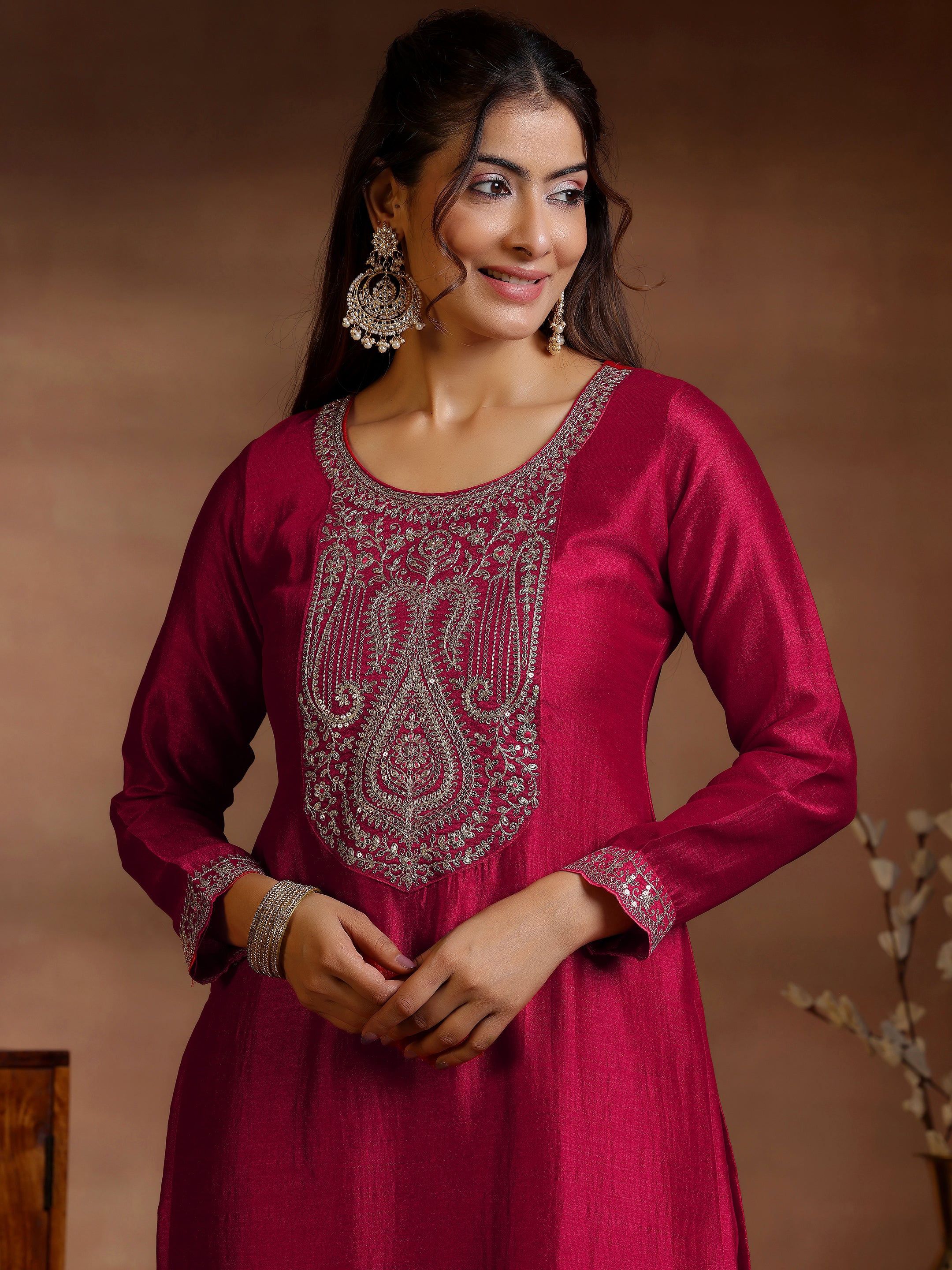 Red Embroidered Silk Blend Straight Suits With Dupatta