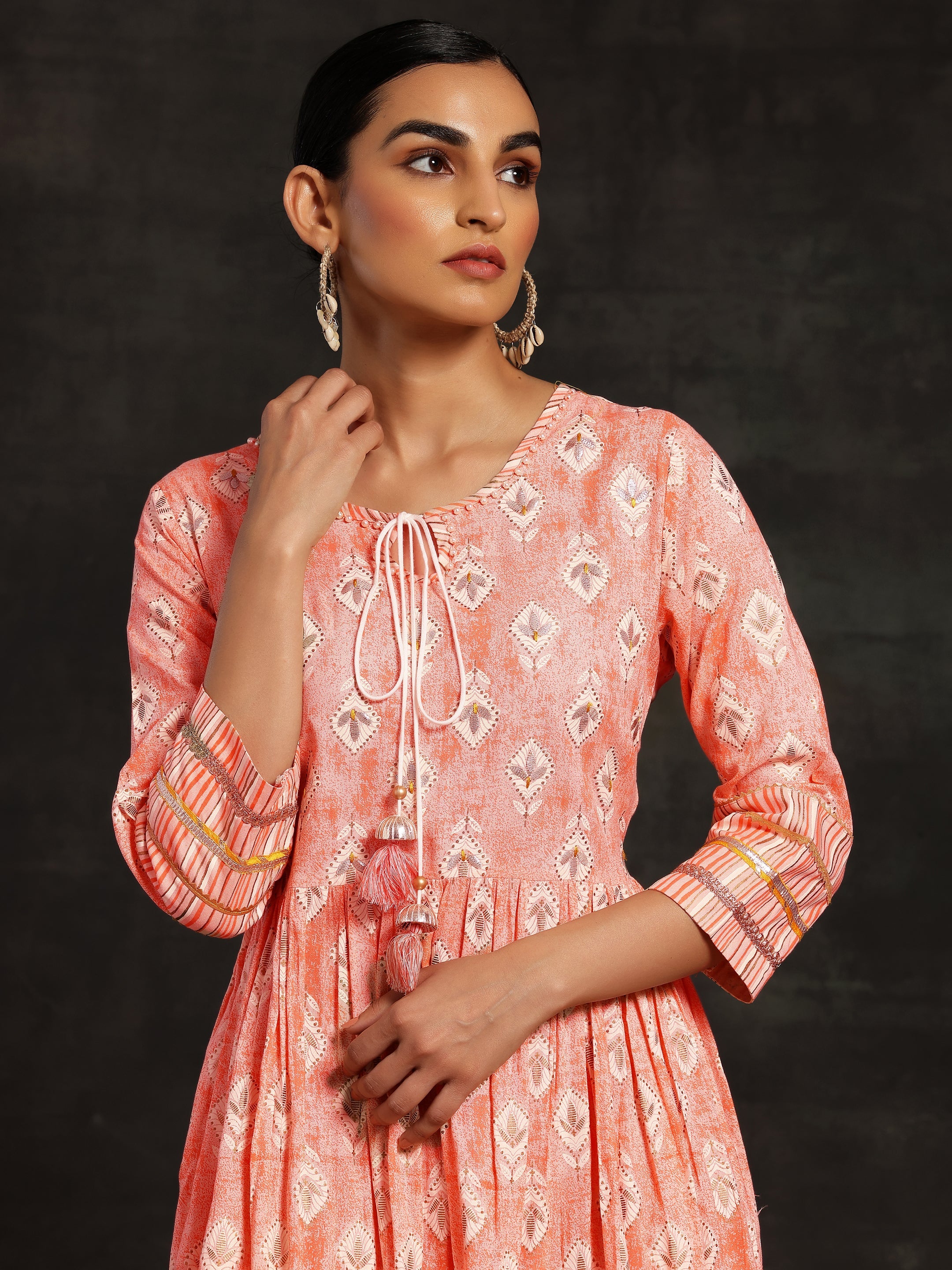 Peach Printed Cotton Fit and Flare Dress