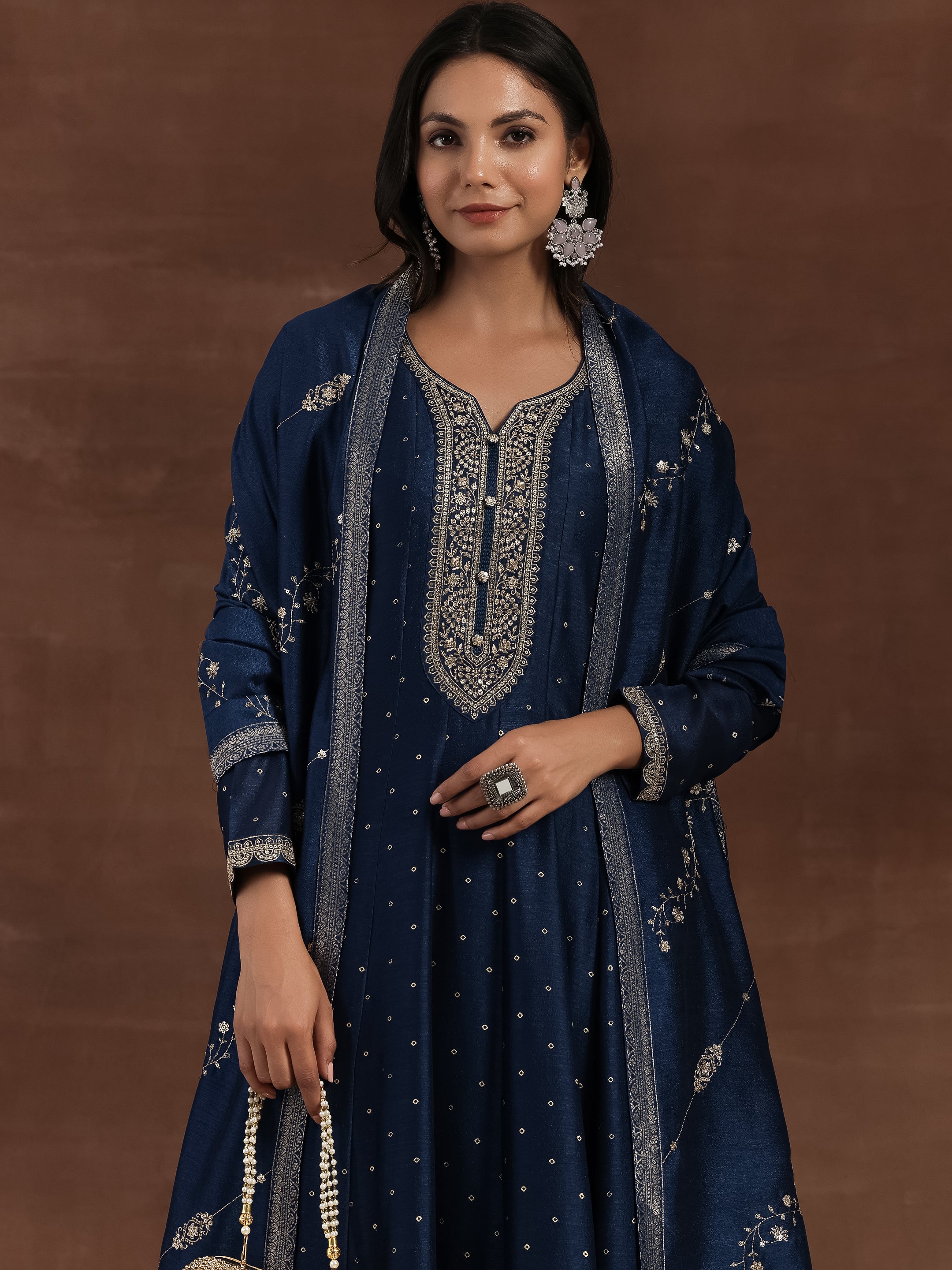 Blue Embroidered Silk Blend A-Line Kurta With Trousers & Dupatta