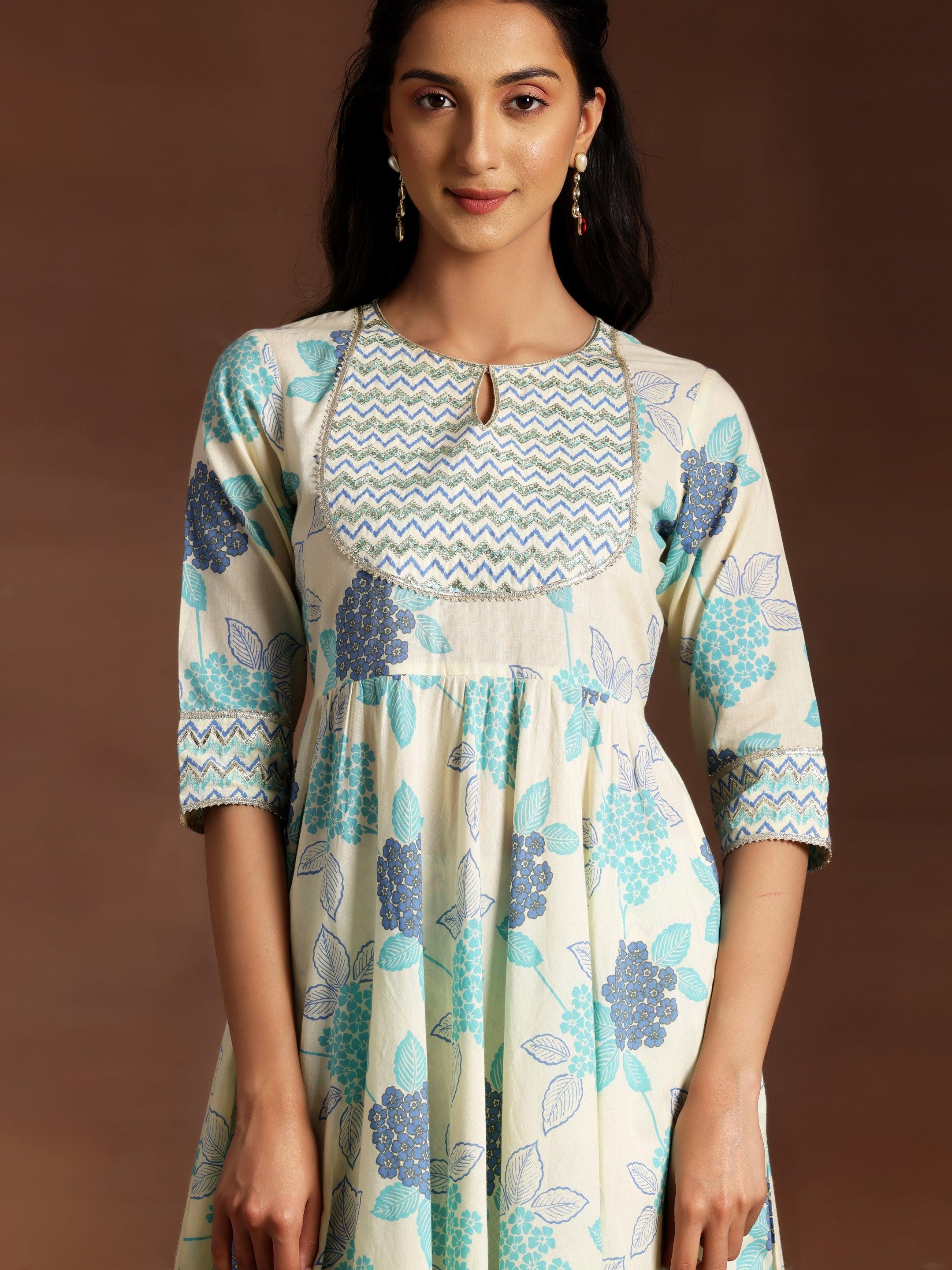 Turquoise Printed Cotton Anarkali Suit With Dupatta