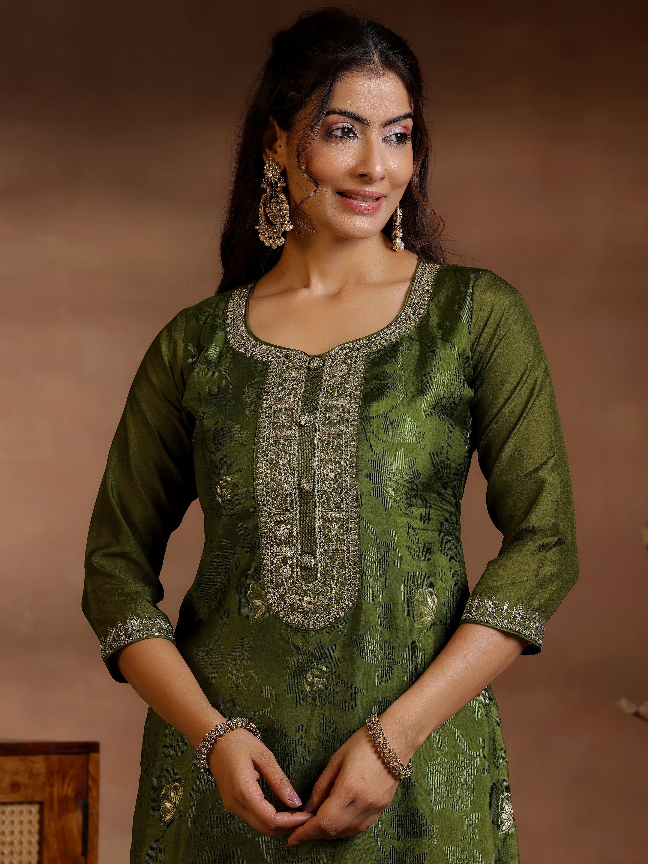 Olive Woven Design Silk Blend Straight Suit With Dupatta