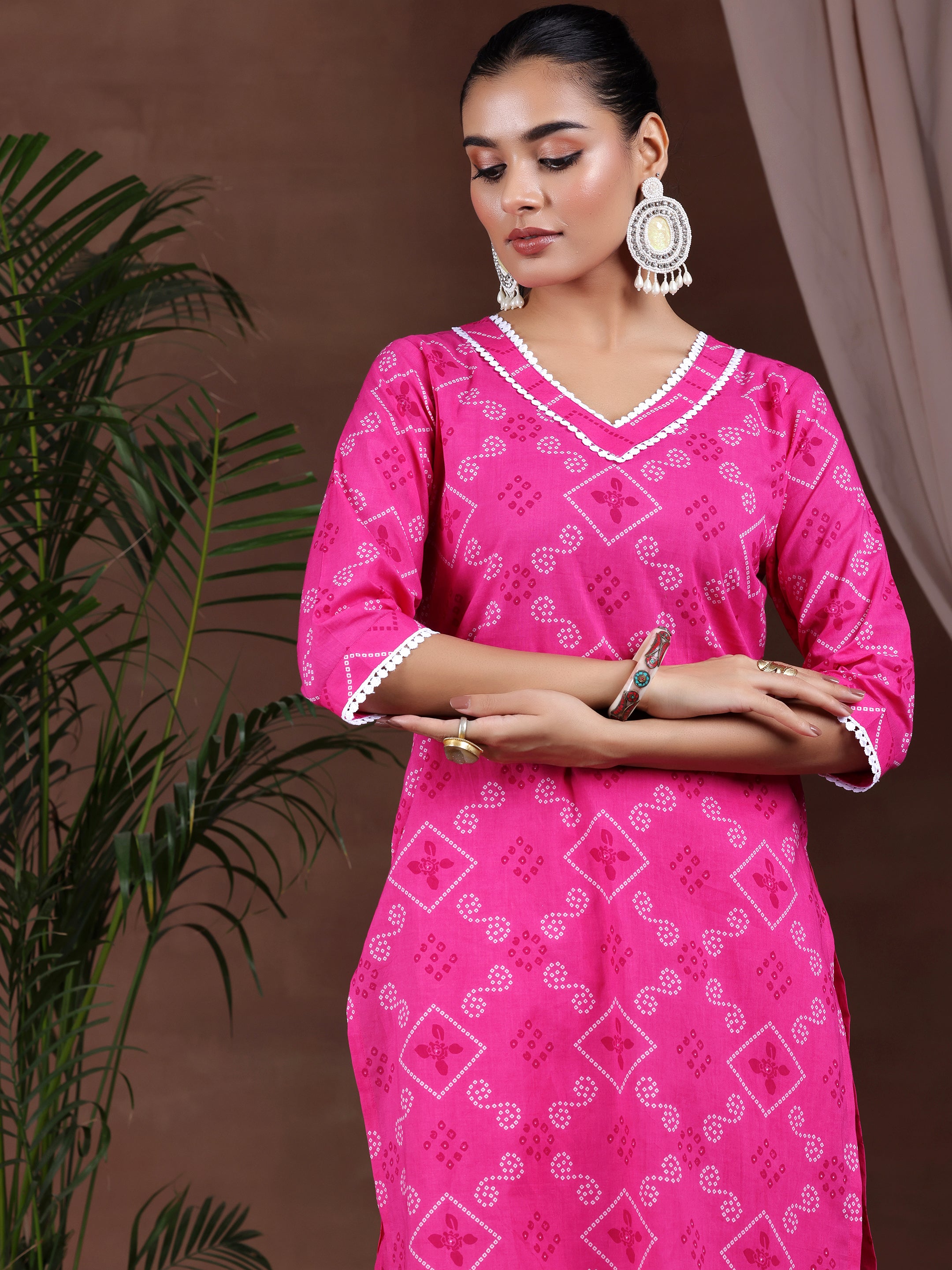 Pink Printed Cotton Straight Suit With Dupatta