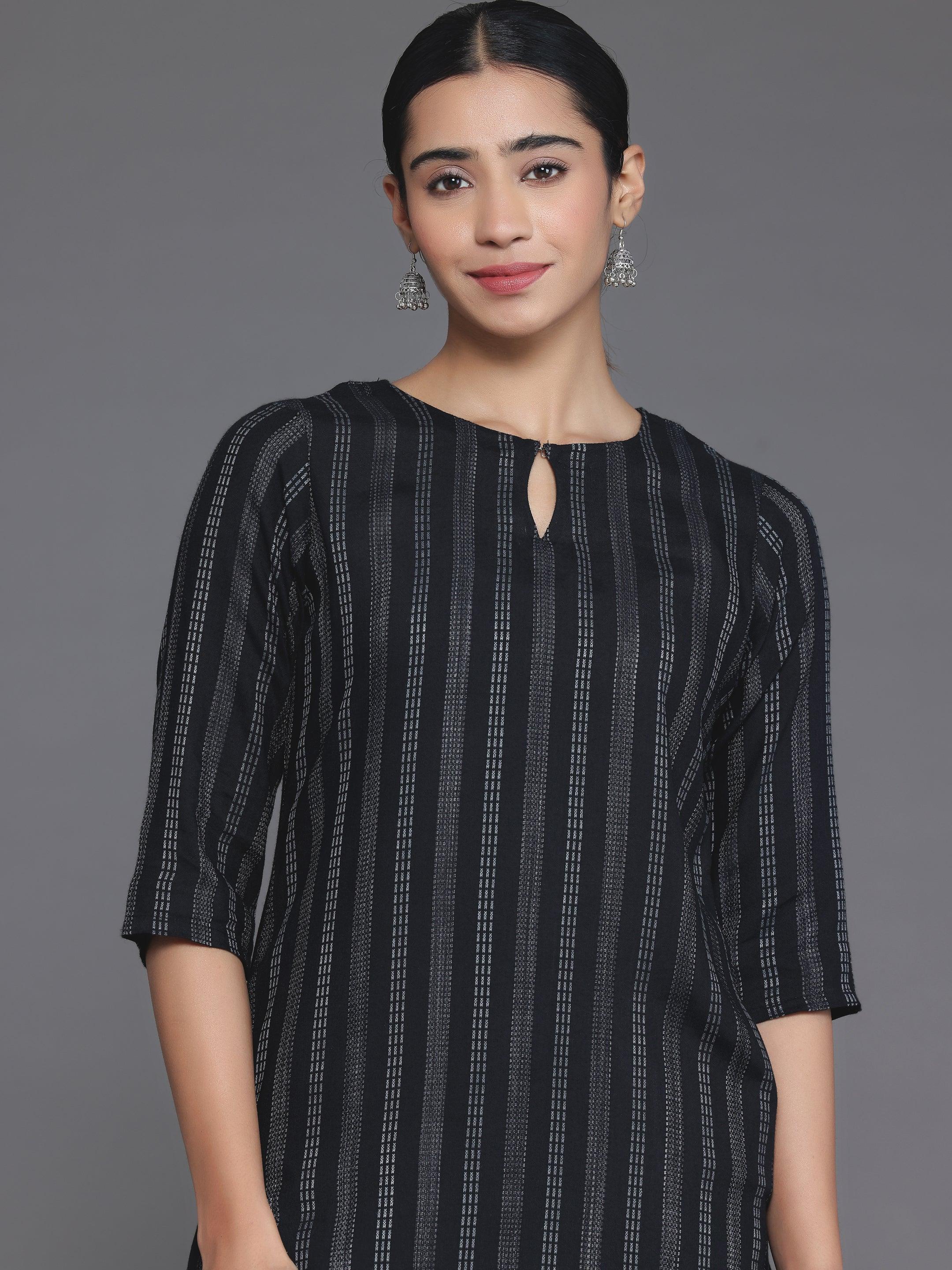 Black Striped Rayon Straight Kurta