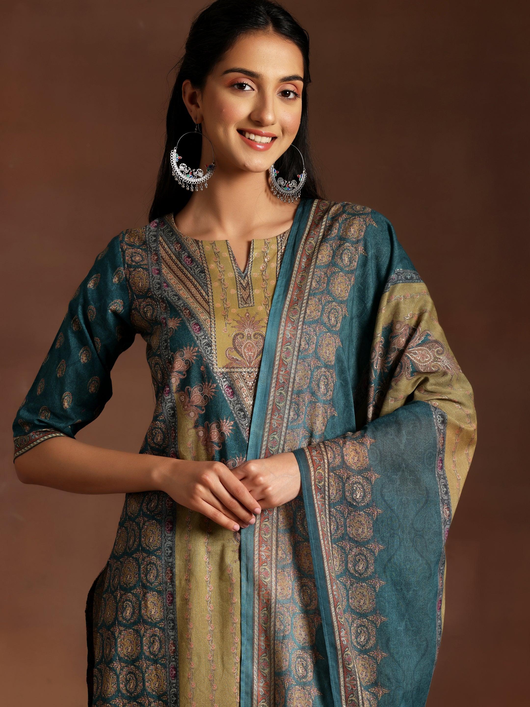 Multicoloured Printed Crepe Straight Suit With Dupatta