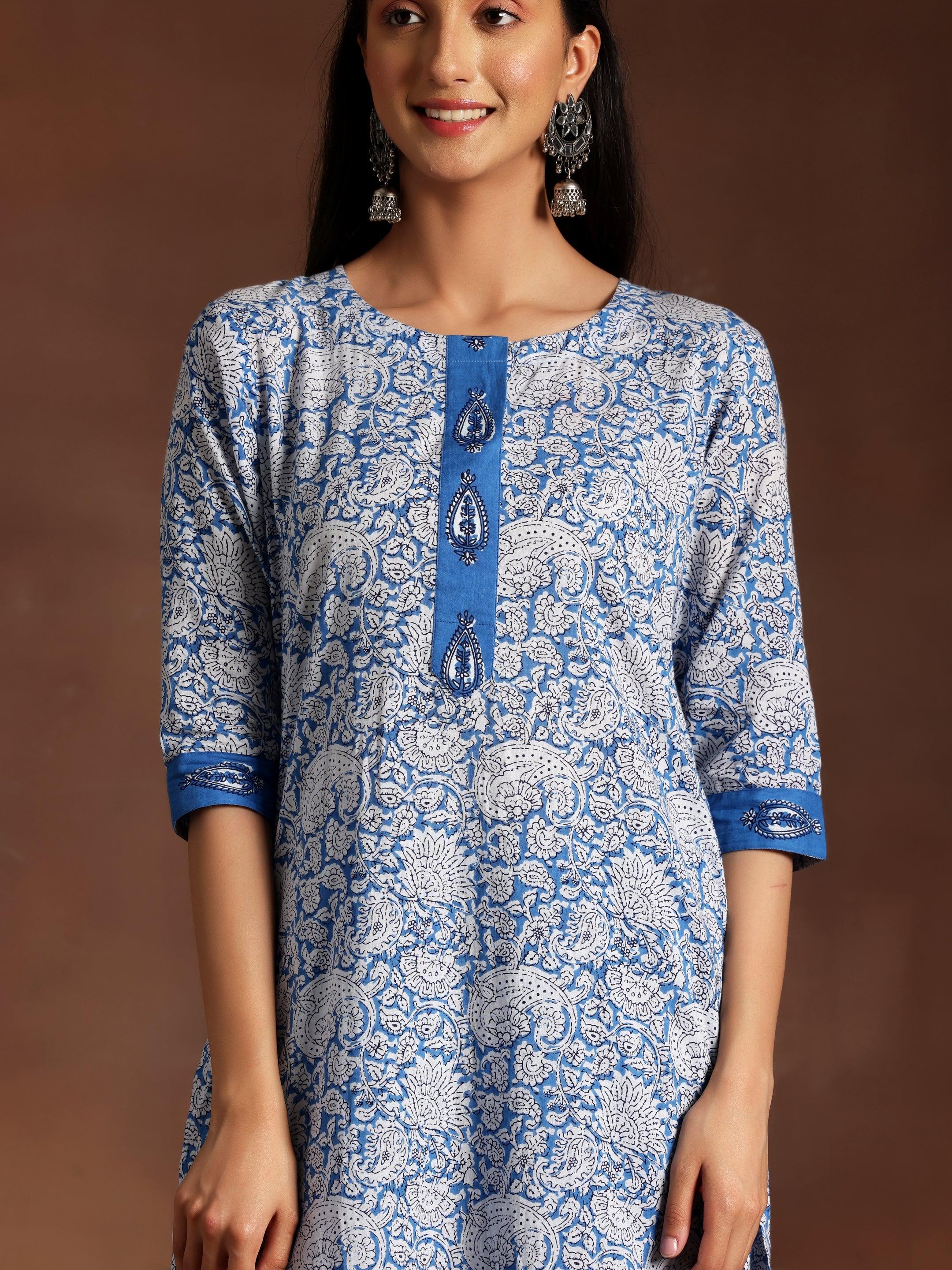 Blue Printed Cotton Straight Suit With Dupatta