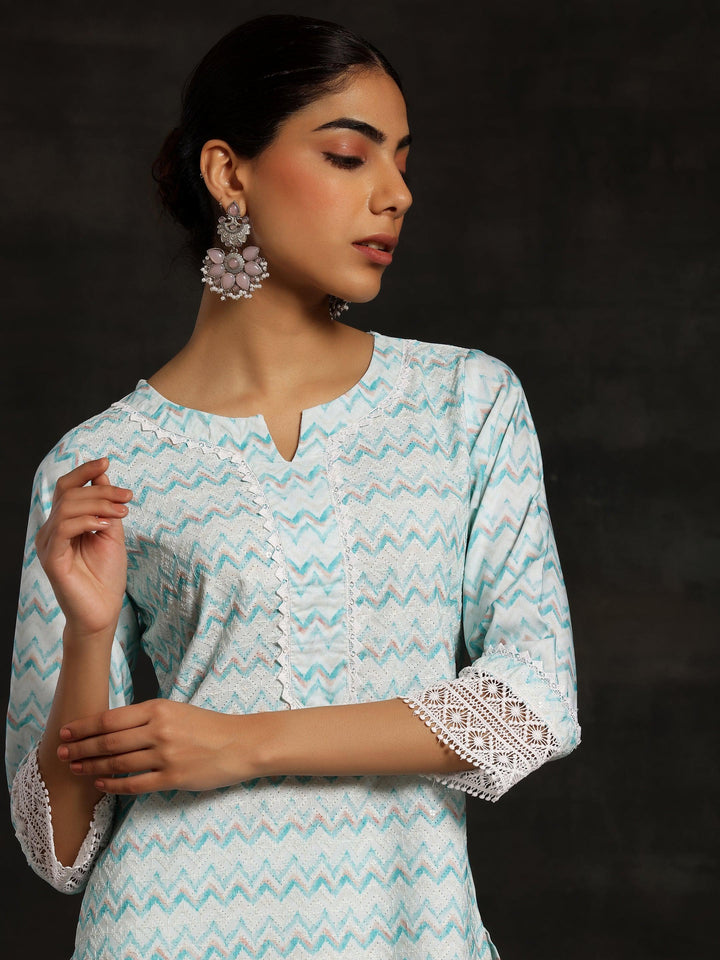 Blue Embroidered Cotton Blend Straight Kurta With Palazzos & Dupatta - ShopLibas