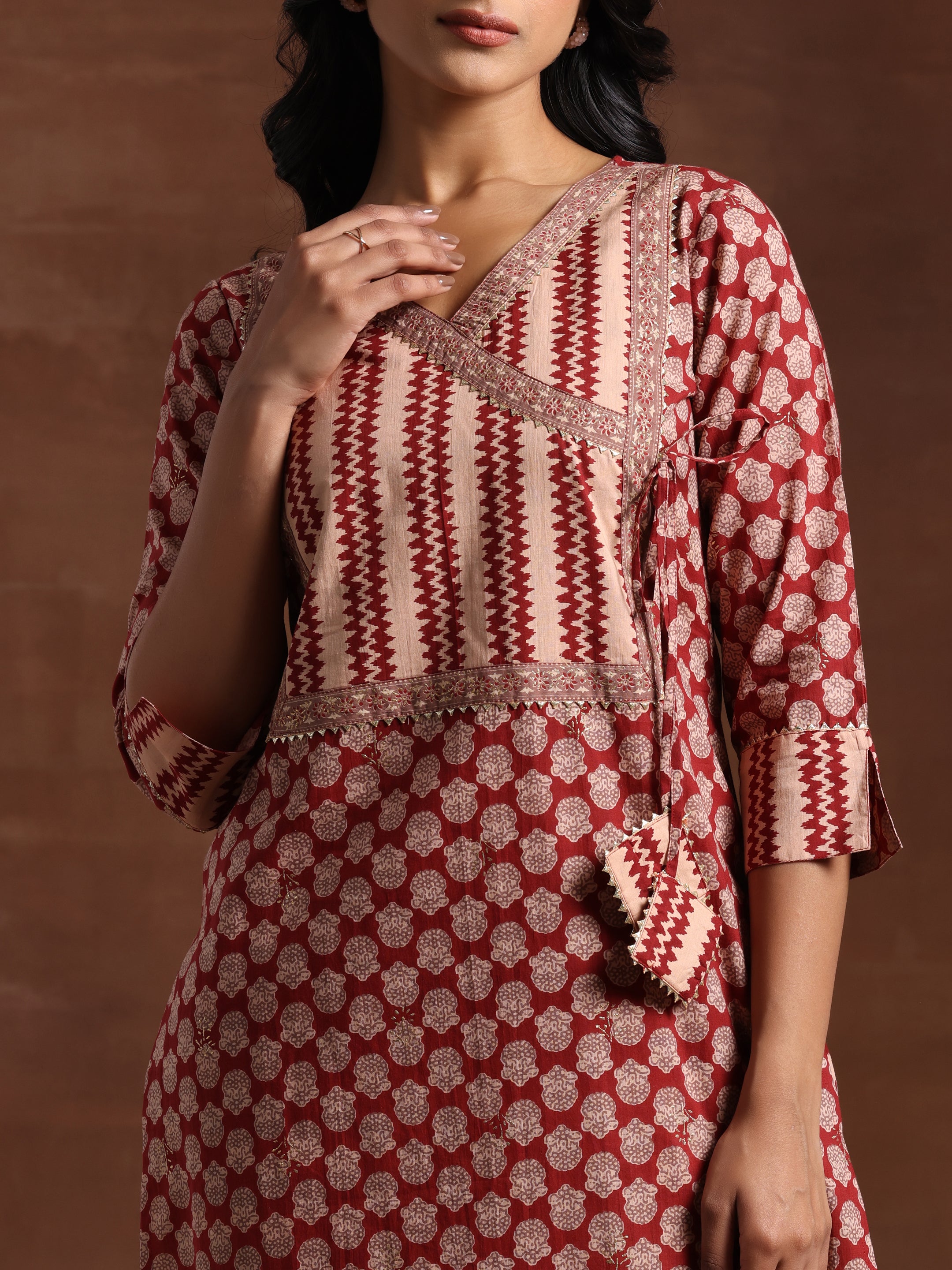 Maroon Printed Cotton Straight Suit With Dupatta