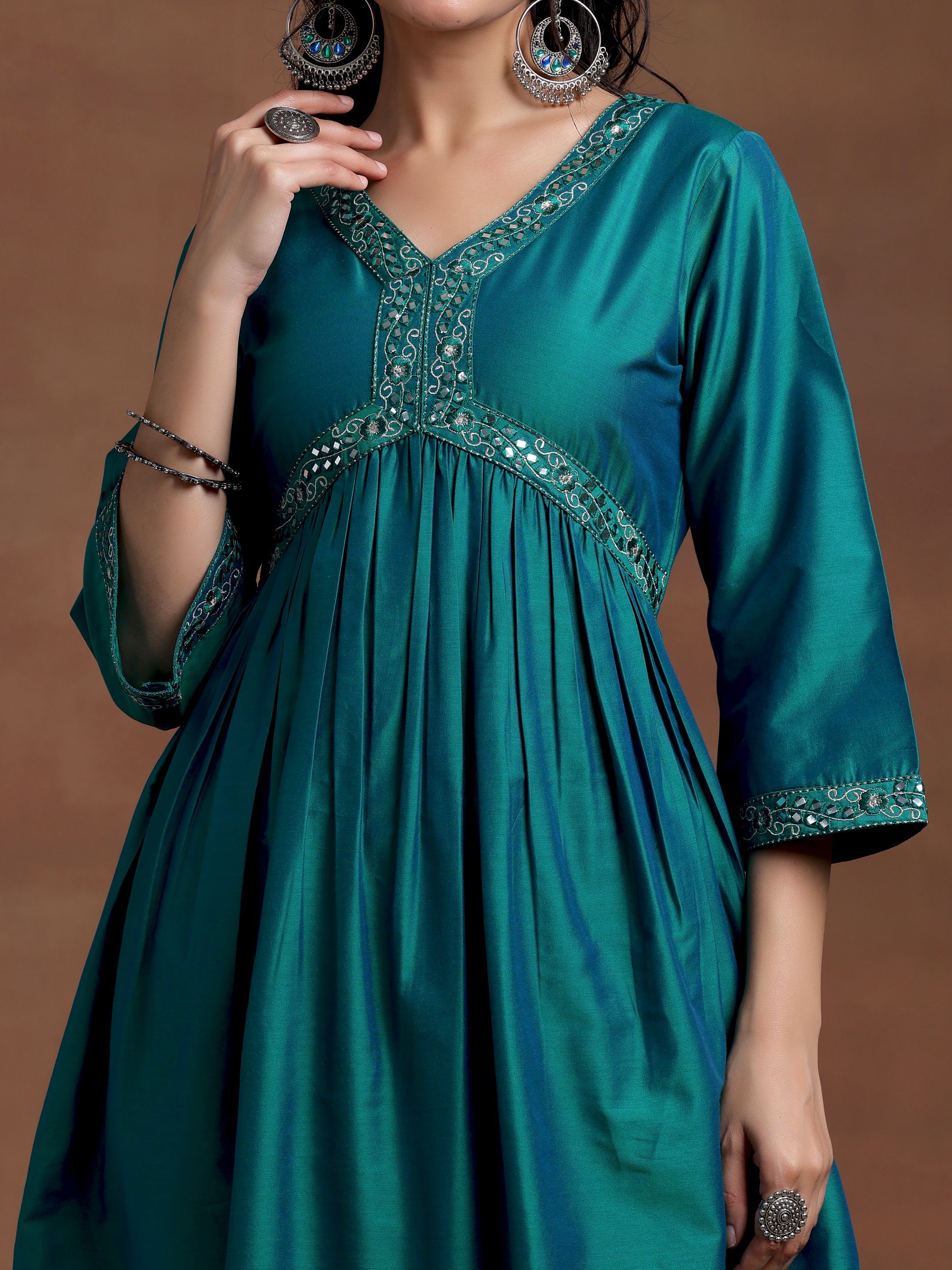 Teal Blue Solid Silk Blend A-Line Kurta With Trousers